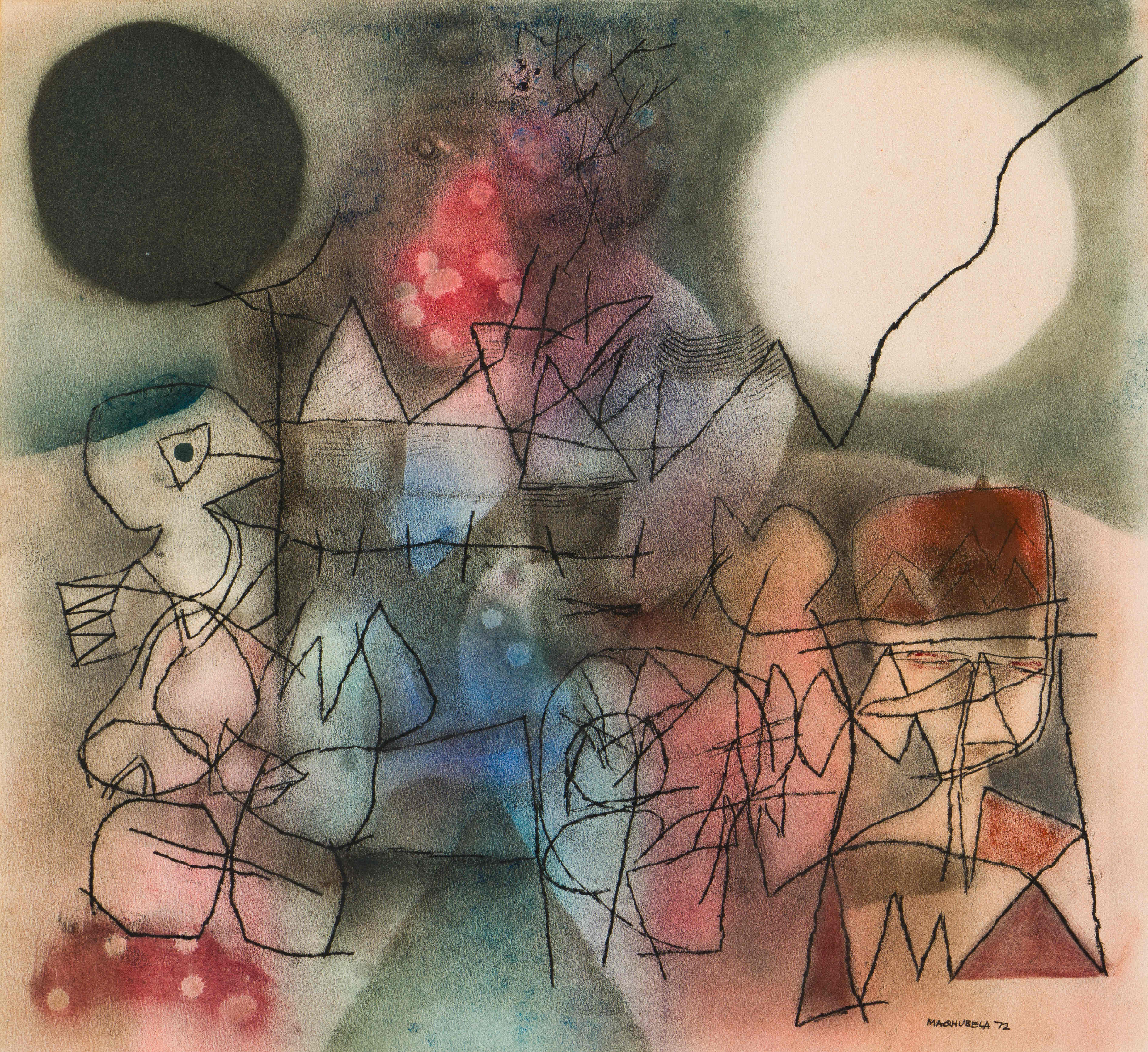 Louis Maqhubela; Abstract with Village and Bird