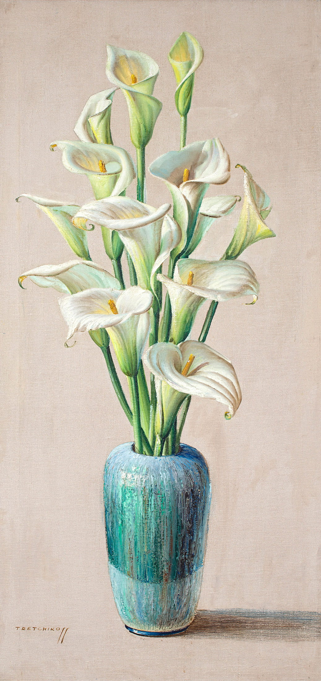 Vladimir Tretchikoff; Arum Lilies in a Blue Vase