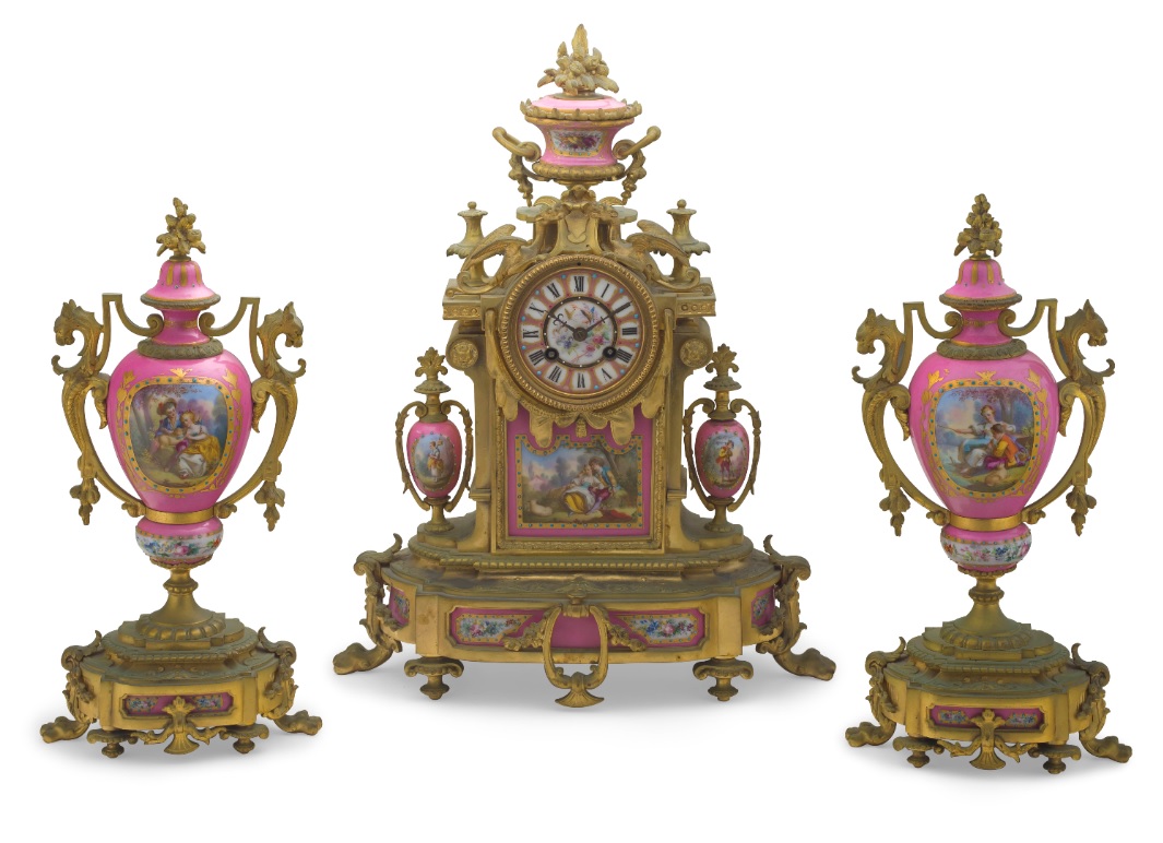 A French 'Sèvres' porcelain and gilt-bronze mounted clock garniture, circa 1850