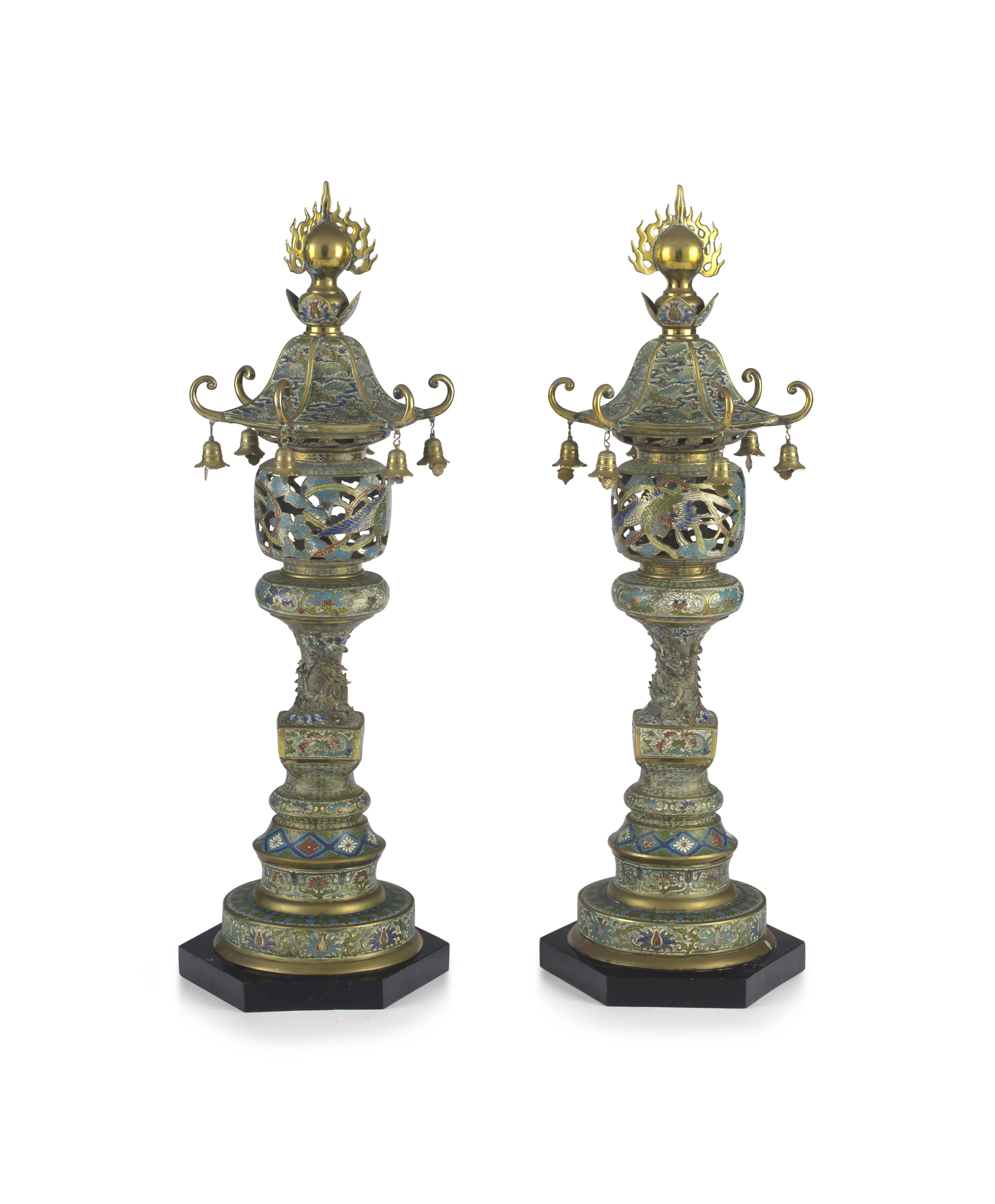 A pair of Chinese champlevé enamelled brass lanterns, late 19th century