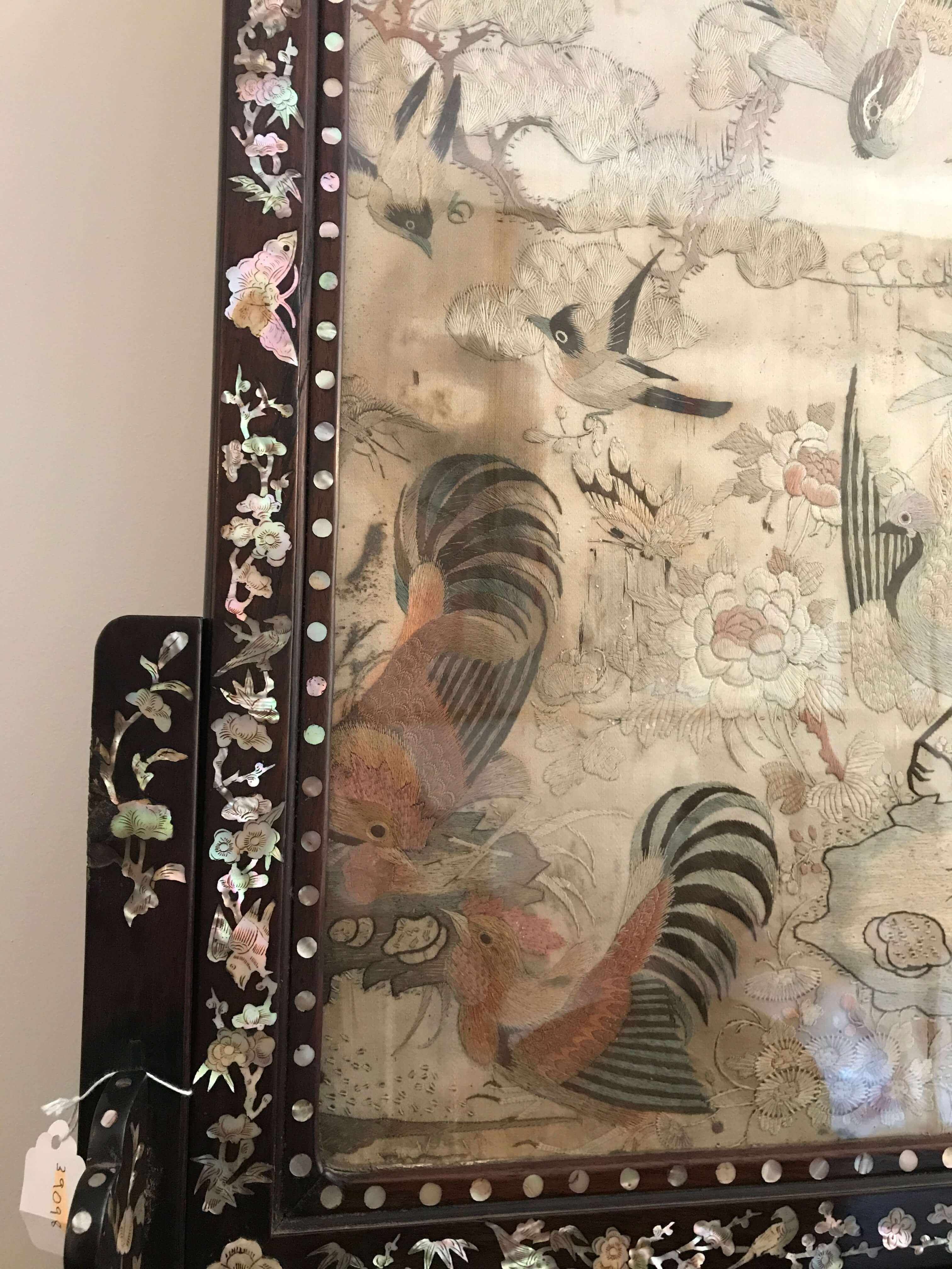 A Chinese Export ebonised, hardwood and mother-of-pearl inlaid table screen, late 19th century
