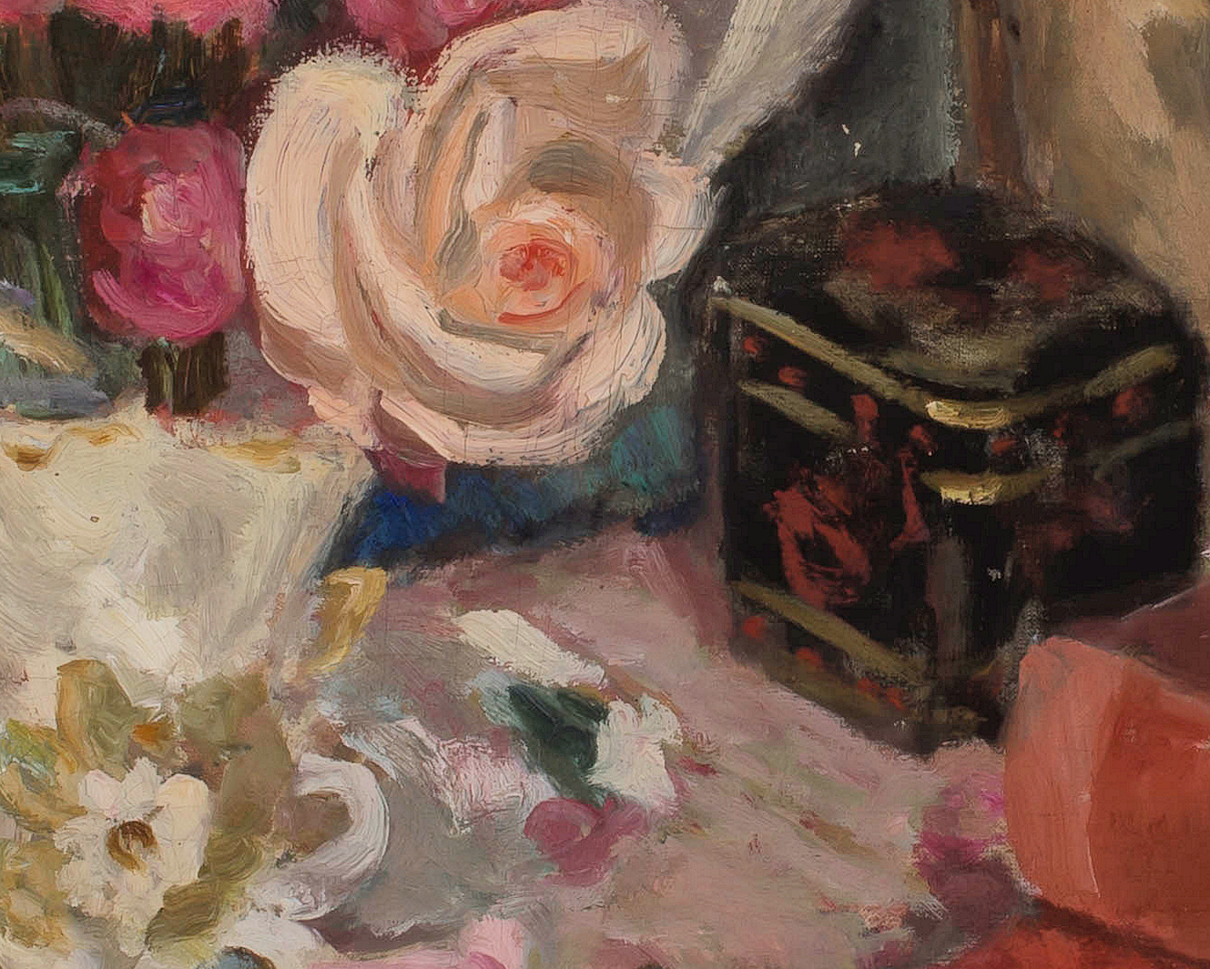 Maud Sumner; Still Life with Roses, Books and a Photograph