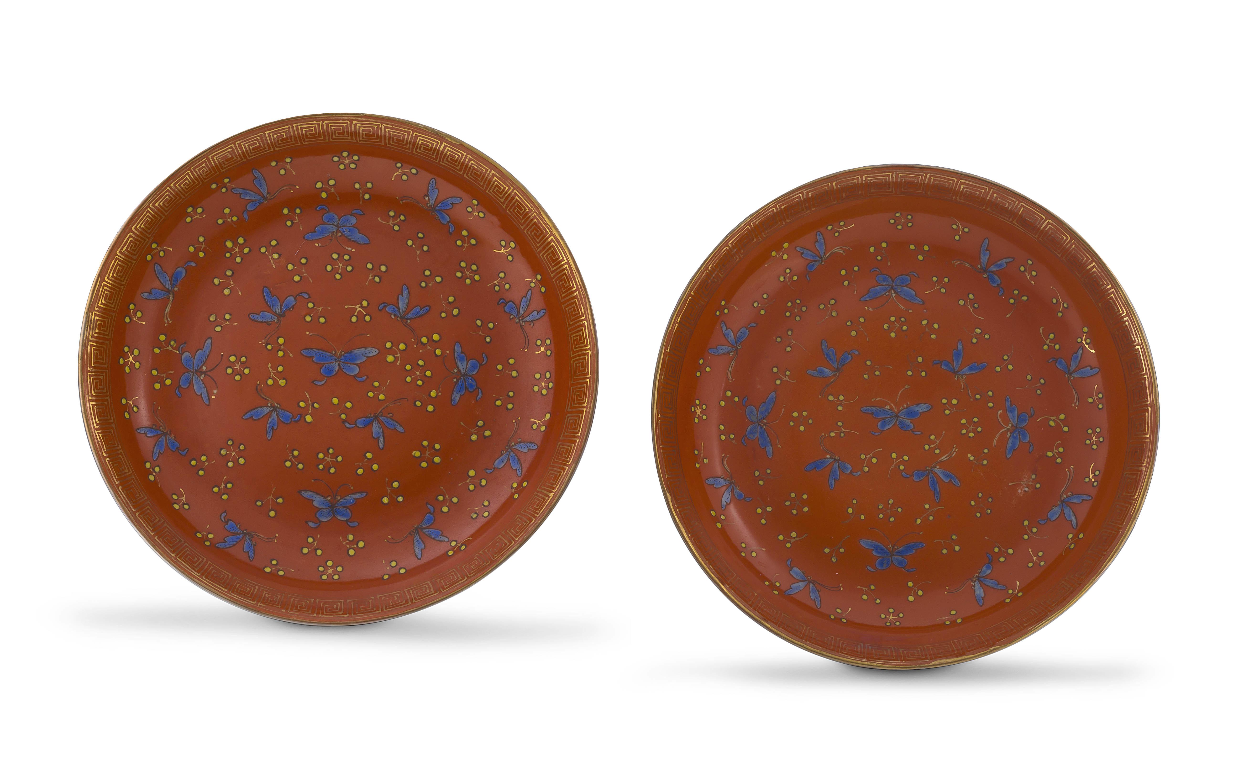 A pair of Chinese orange-glazed dishes