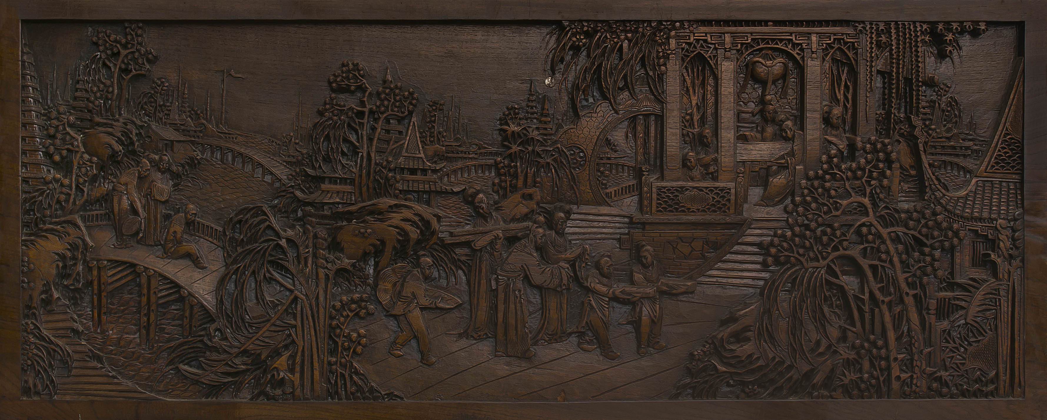 A set of seven Chinese Export carved teak panels, late 19th/early 20th century