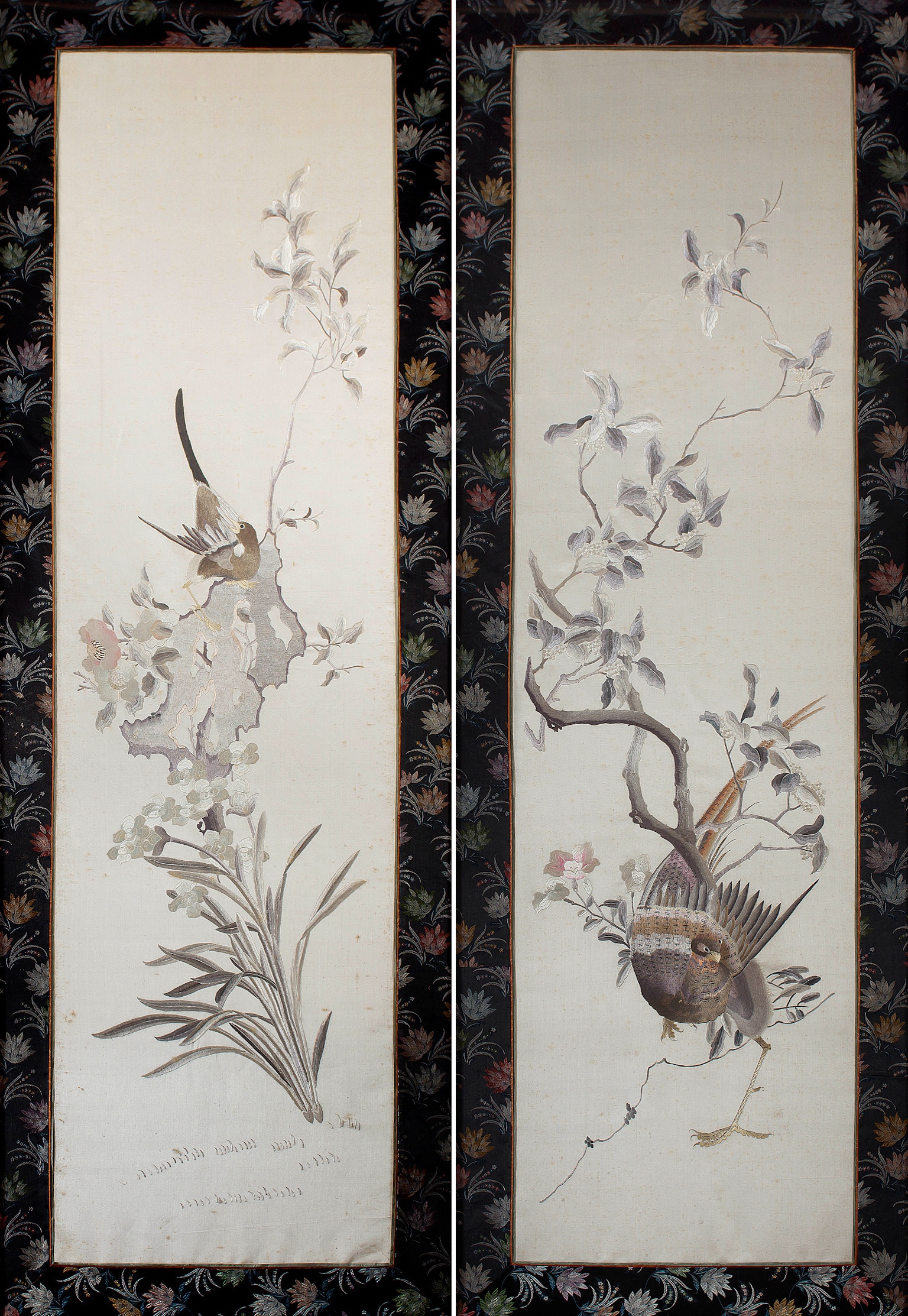 A pair of Chinese embroidered silk panels, 20th century