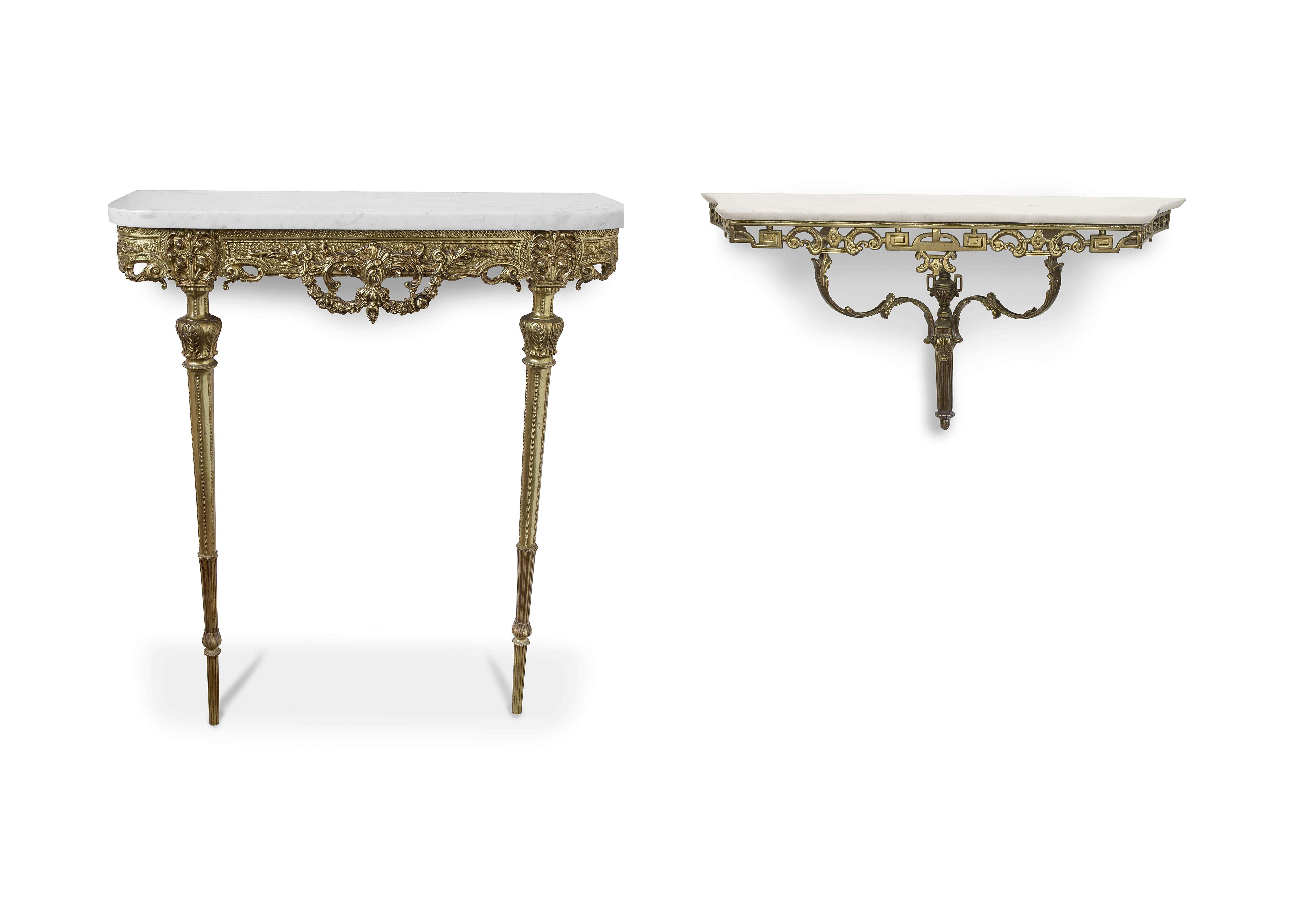 A French style marble-topped and gilt-metal wall-mounted console table, 20th century