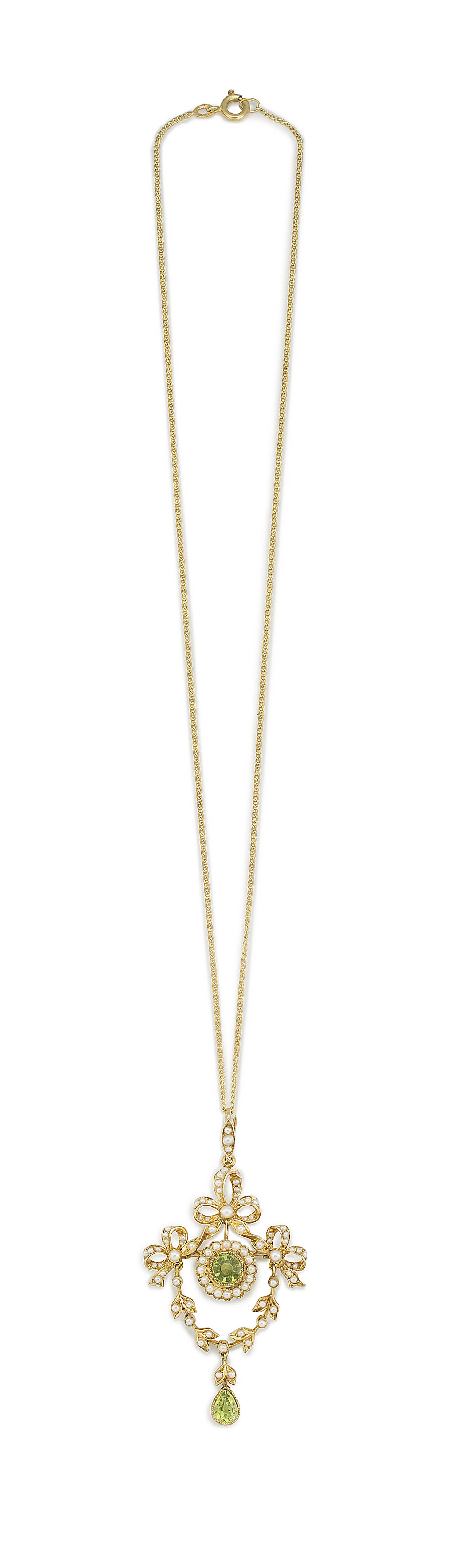 An Edwardian peridot and seed-pearl pendant/brooch