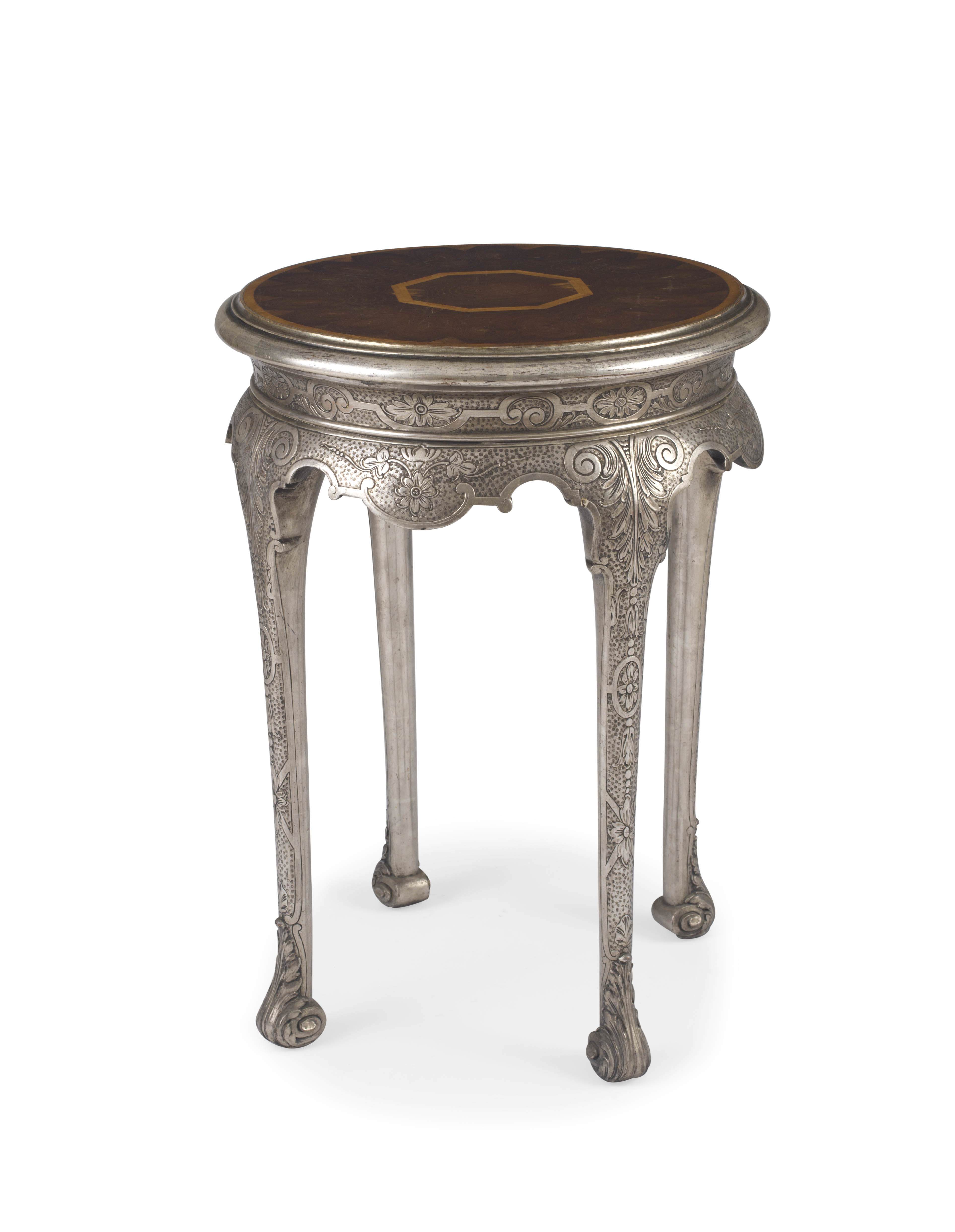 A George II style silver gesso and laburnum oyster-veneered and satinwood side table, early 20th century