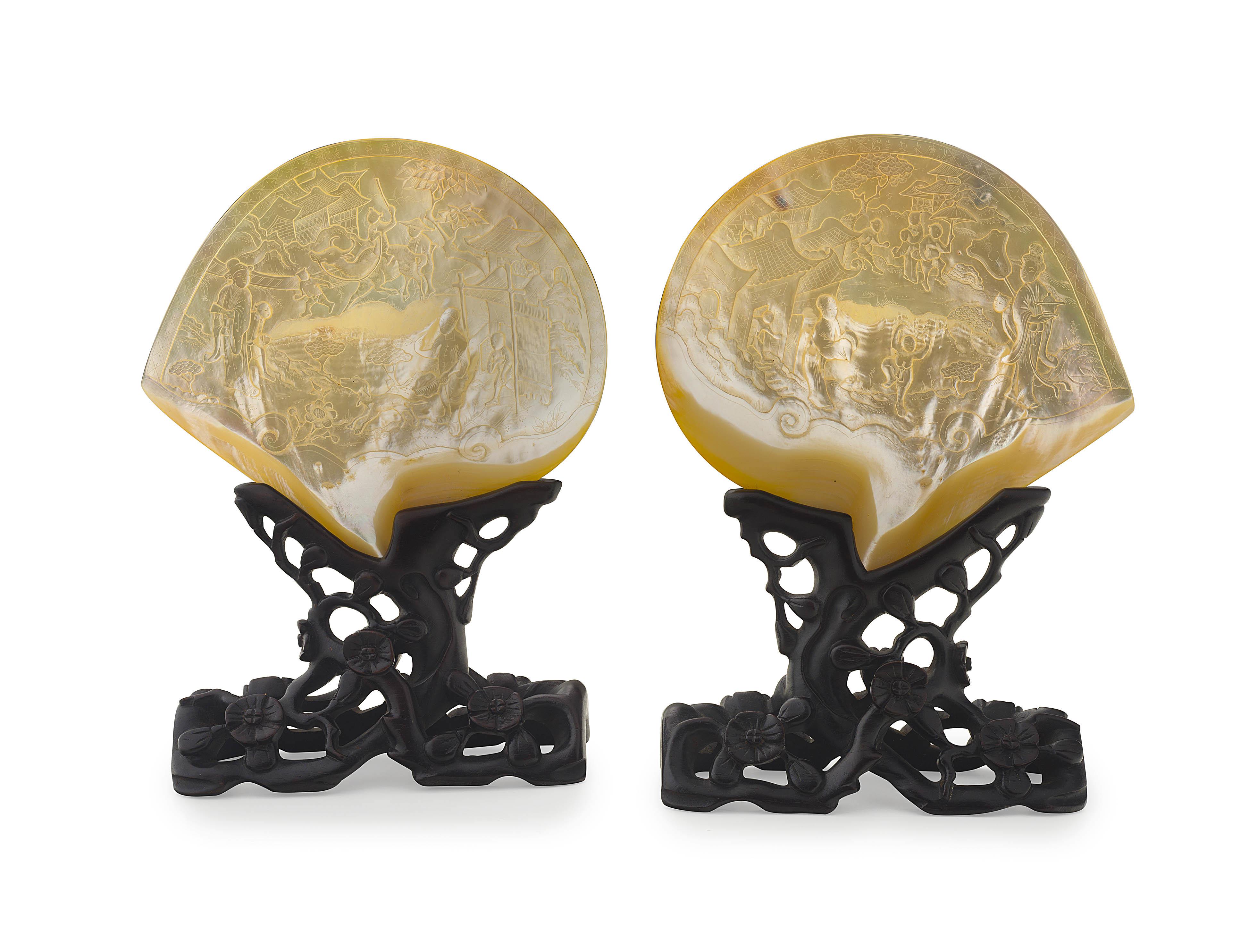 A pair of Chinese carved mother-of-pearl shells, early 20th century