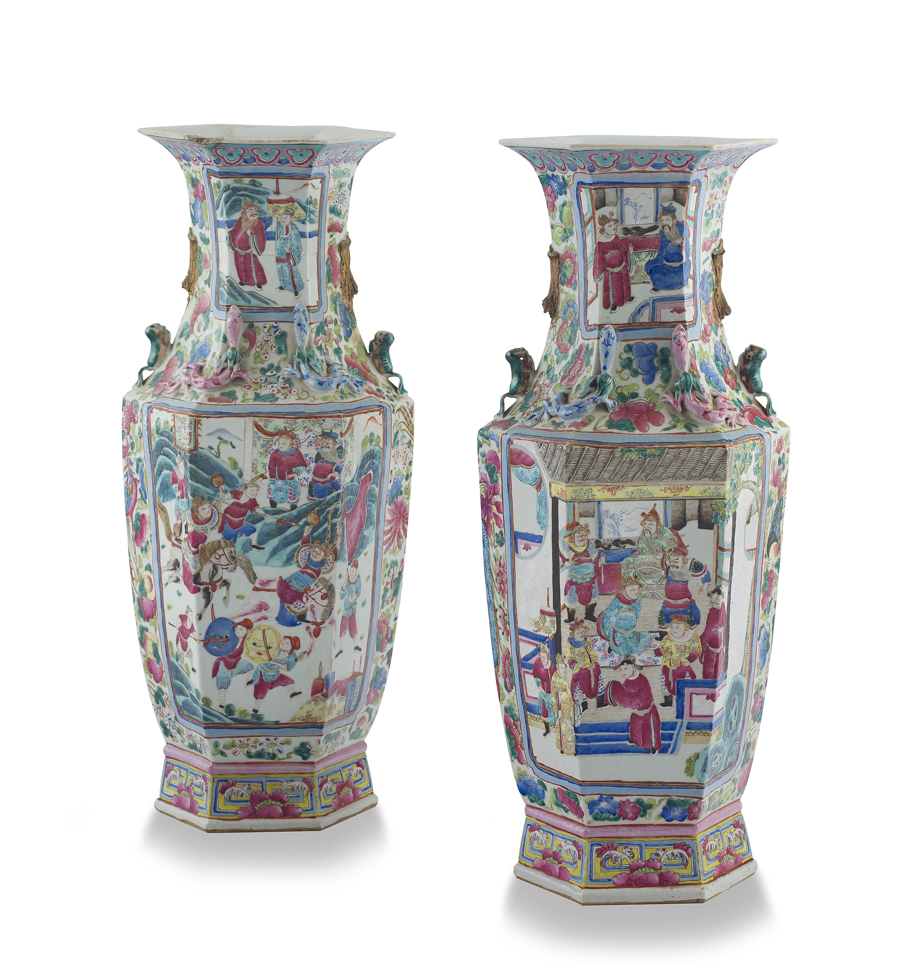 A pair of Chinese famille-rose vases, Qing Dynasty, 19th century