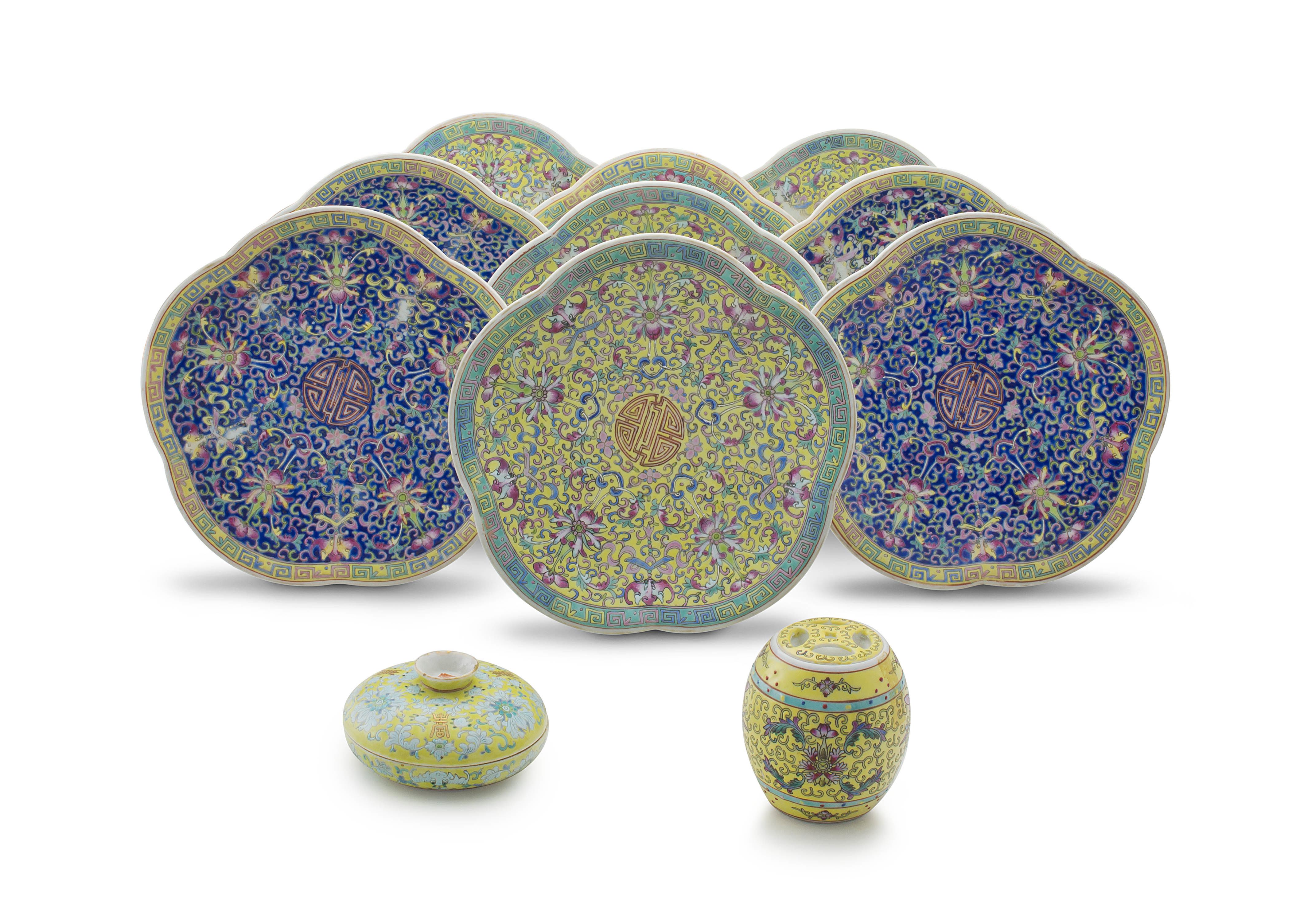 A set of nine Chinese polychrome enamel pedestal dishes, 20th century