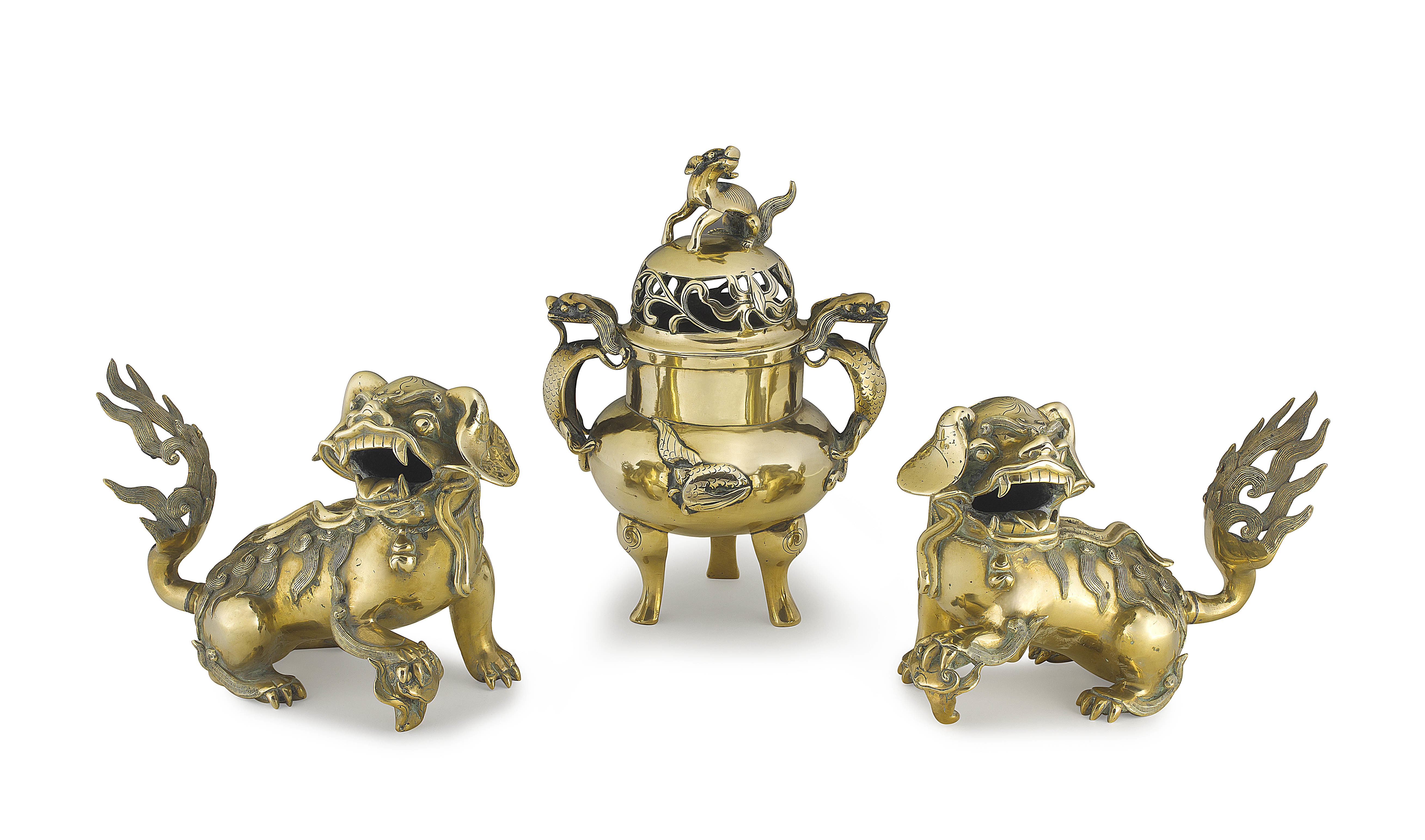A pair of Chinese brass dogs-of-fo, 20th century