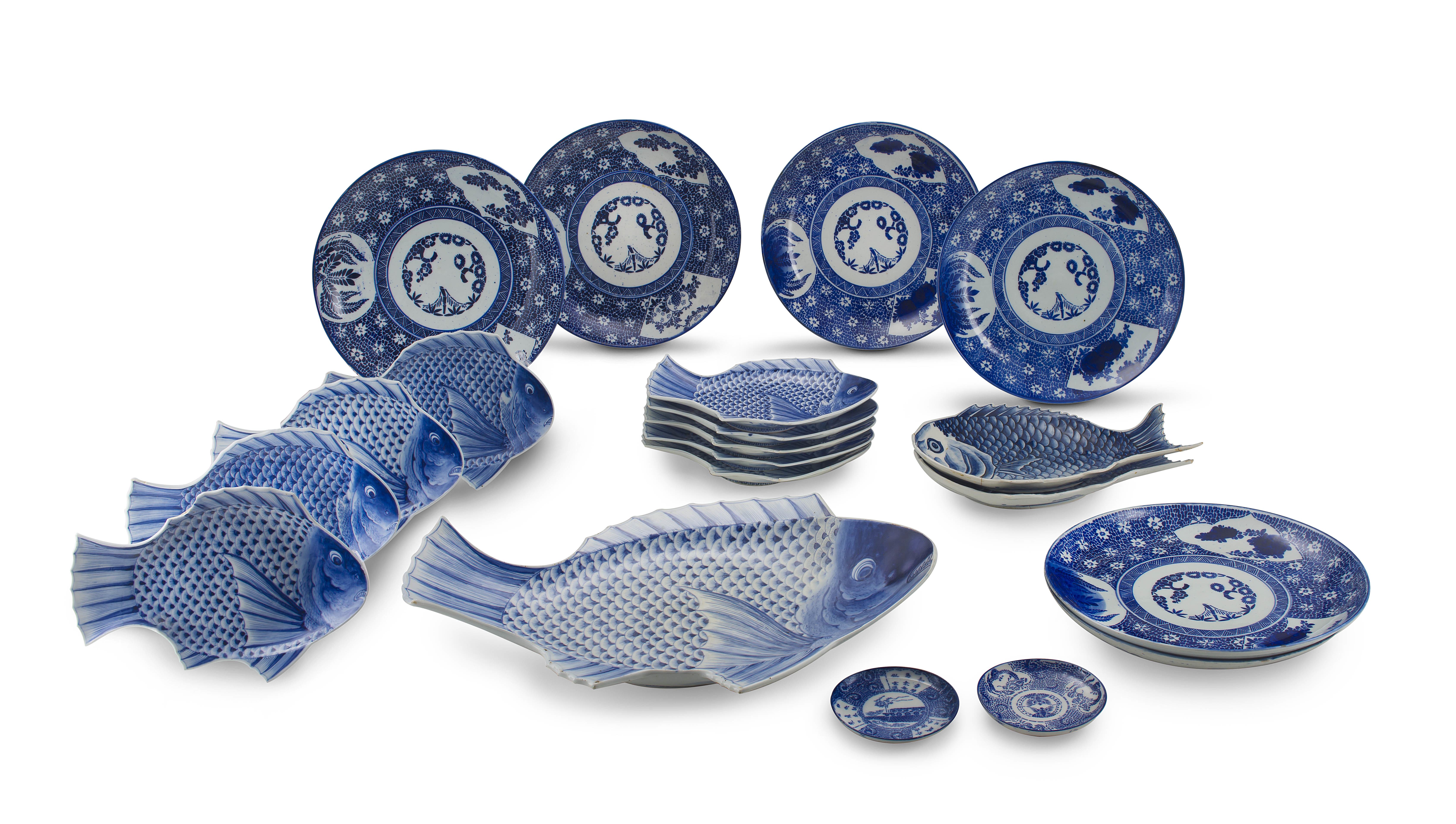 A set of ten Japanese blue and white fish platters, early 20th century