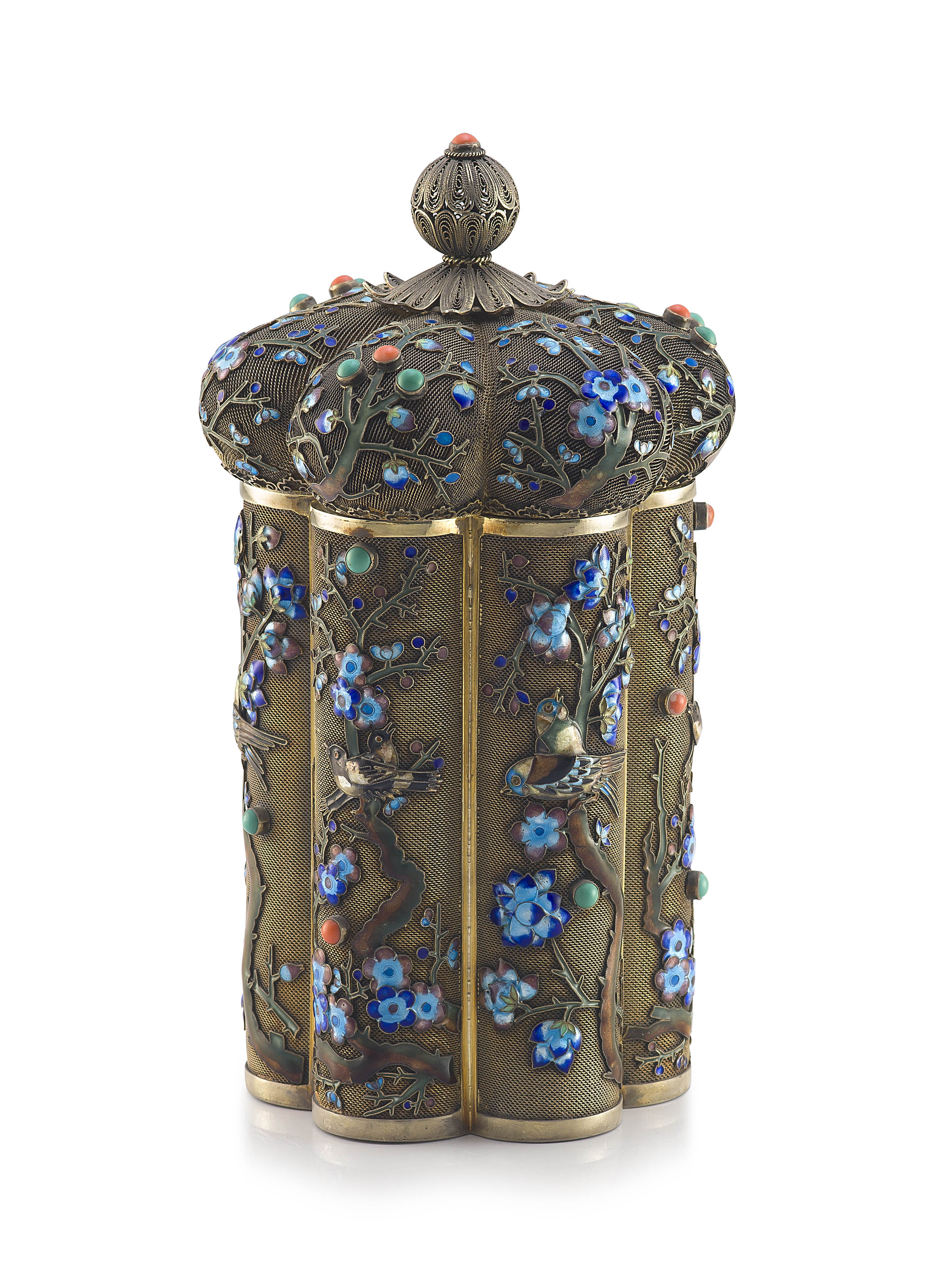 A Chinese silver-gilt mesh and enamel tea caddy, 20th century