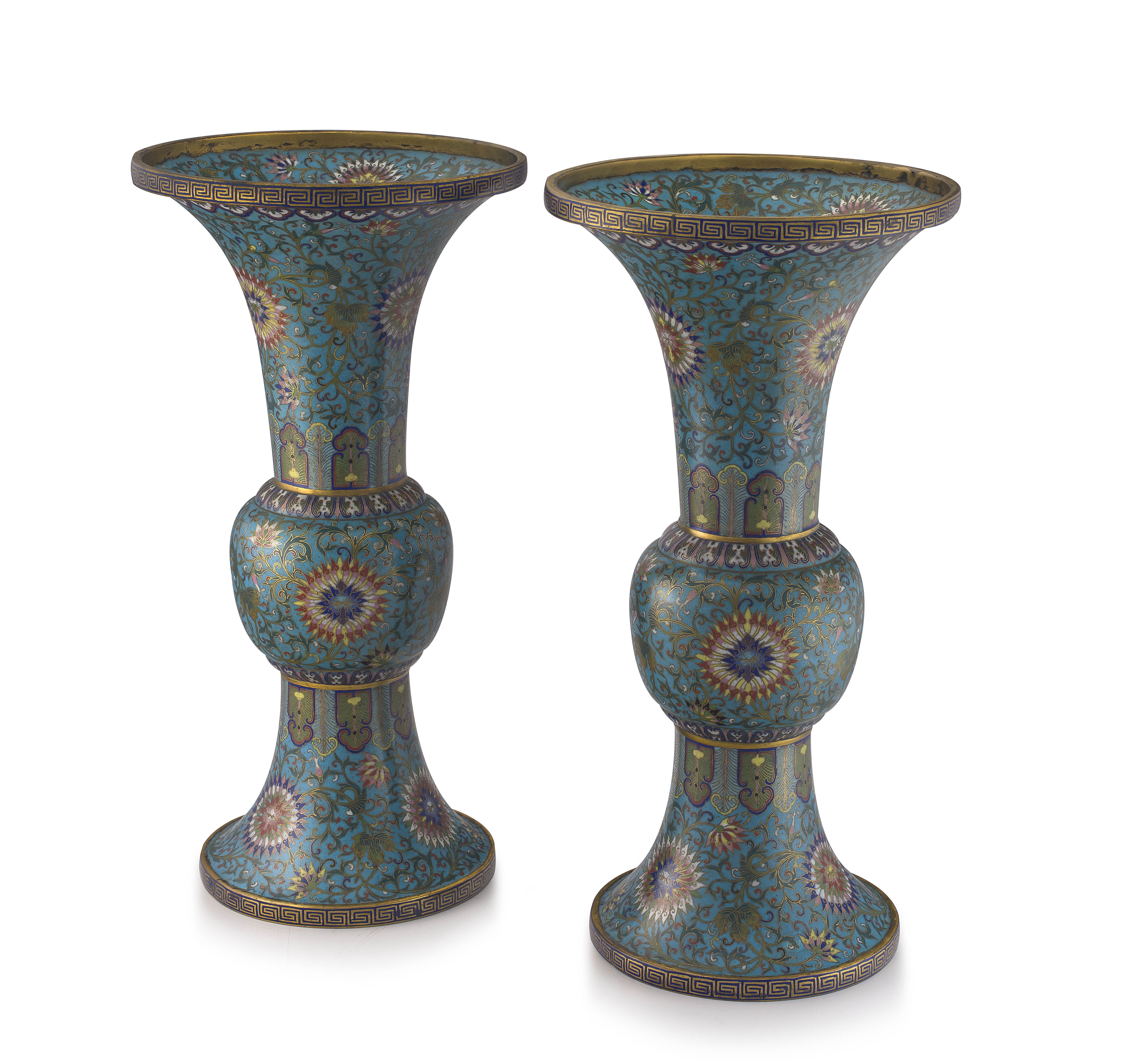 A pair of Chinese cloisonné enamel vases, Gu, Qing Dynasty, 19th century