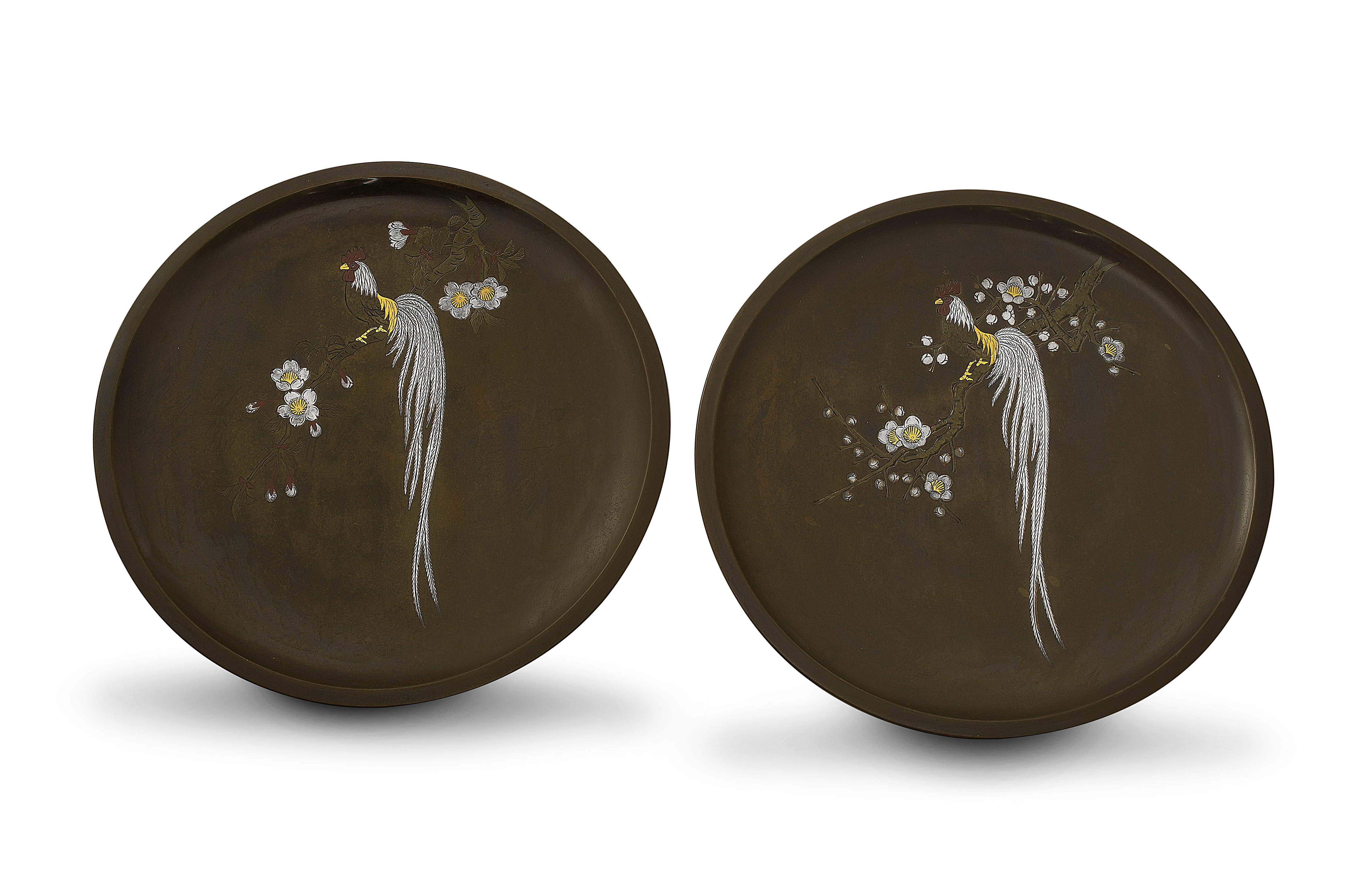 A pair of Japanese silver, shakudo and gilt inlaid bronze dishes, Meiji period, 1868-1912