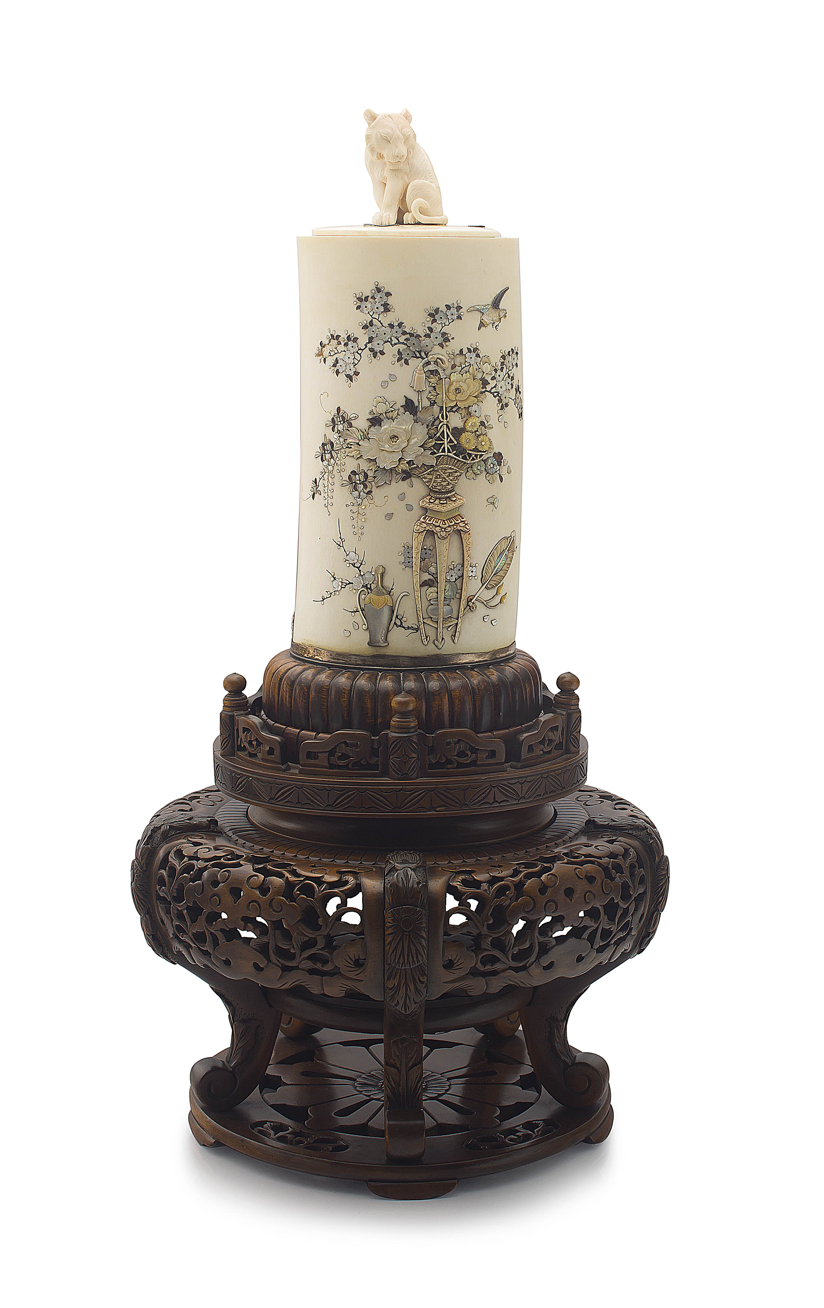 A Japanese Shibayama style inlaid ivory tusk vase, Meiji period, 1868-1912