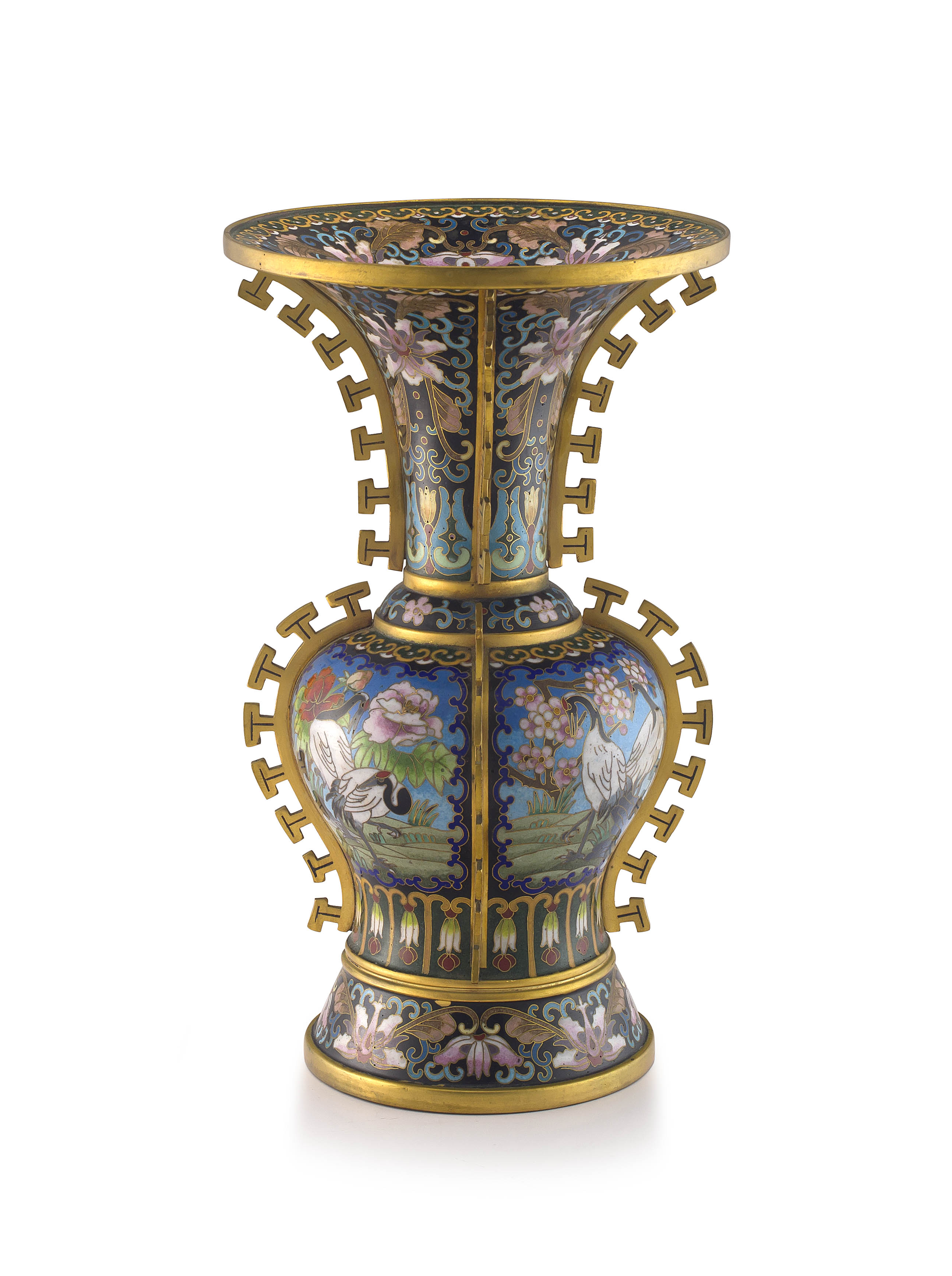 A Chinese cloisonné enamel and gilt-bronze archaistic style vase, Gu, 20th century