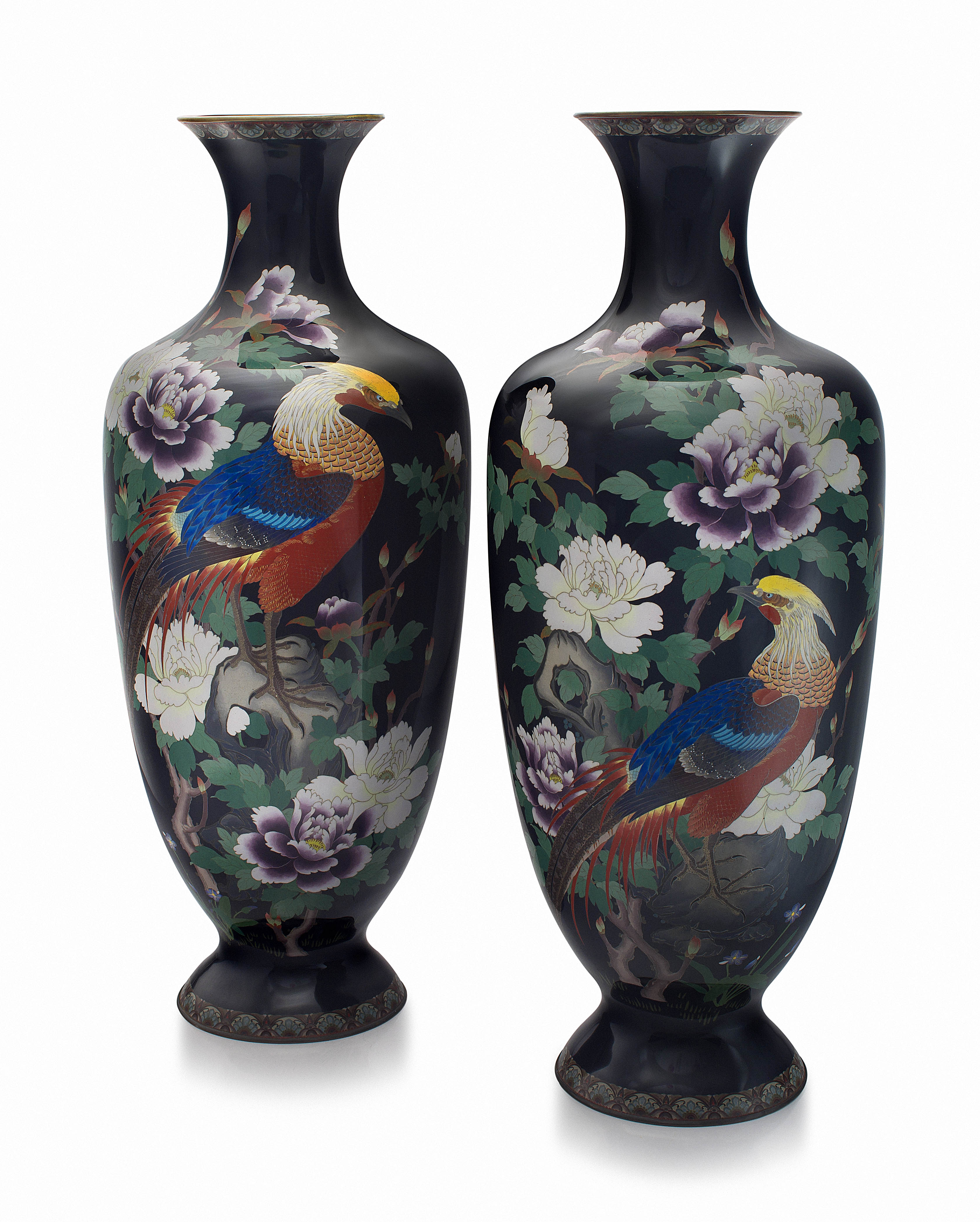 A pair of large Japanese cloisonné enamel vases, Meiji period, 1868-1912
