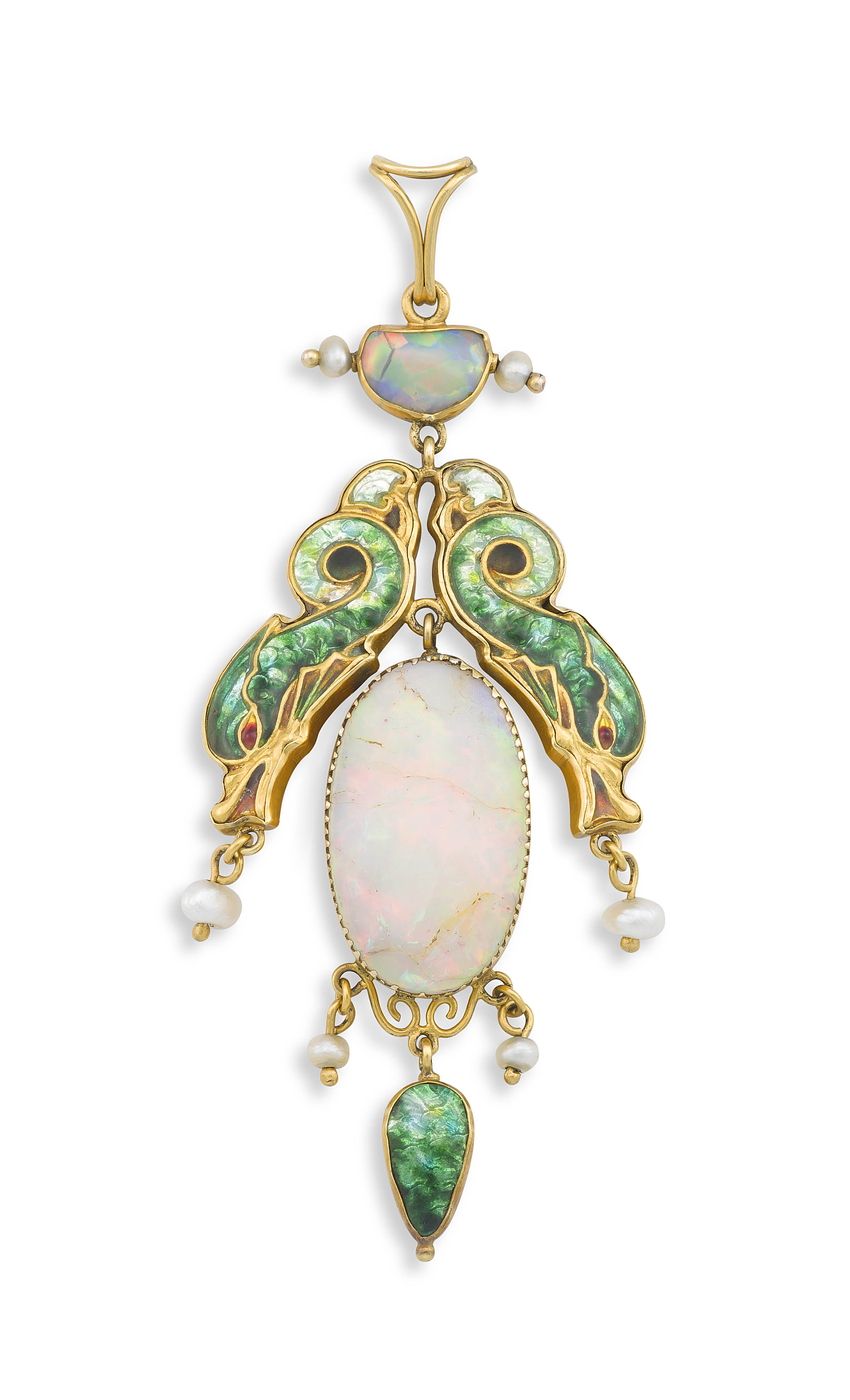 An Edwardian opal, enamel and seed-pearl pendant, 26 February 1907