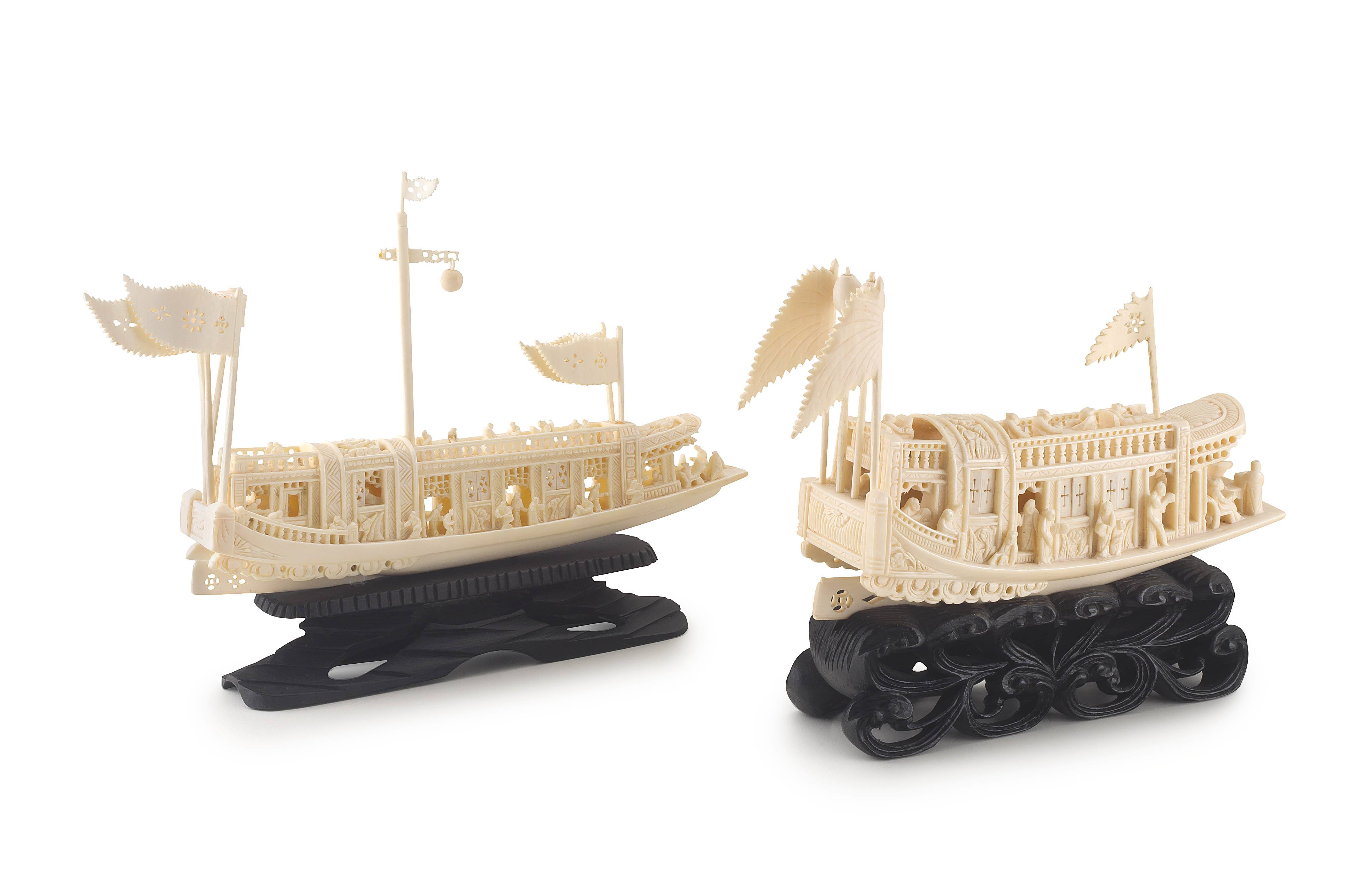 Two Chinese carved ivory models of boats, late 19th/early 20th century