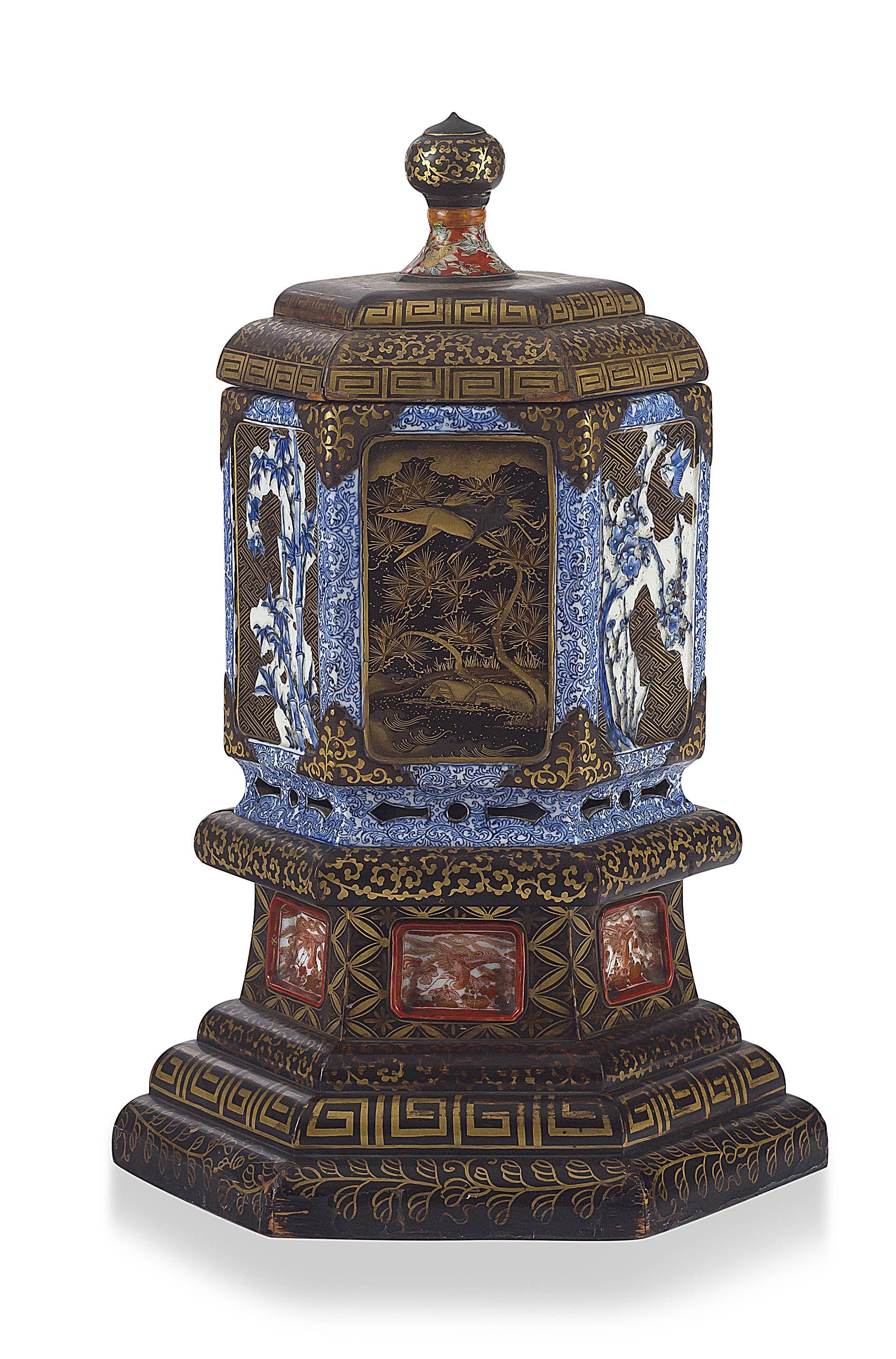 A Japanese Arita blue and white and lacquered jar and cover, 18th century