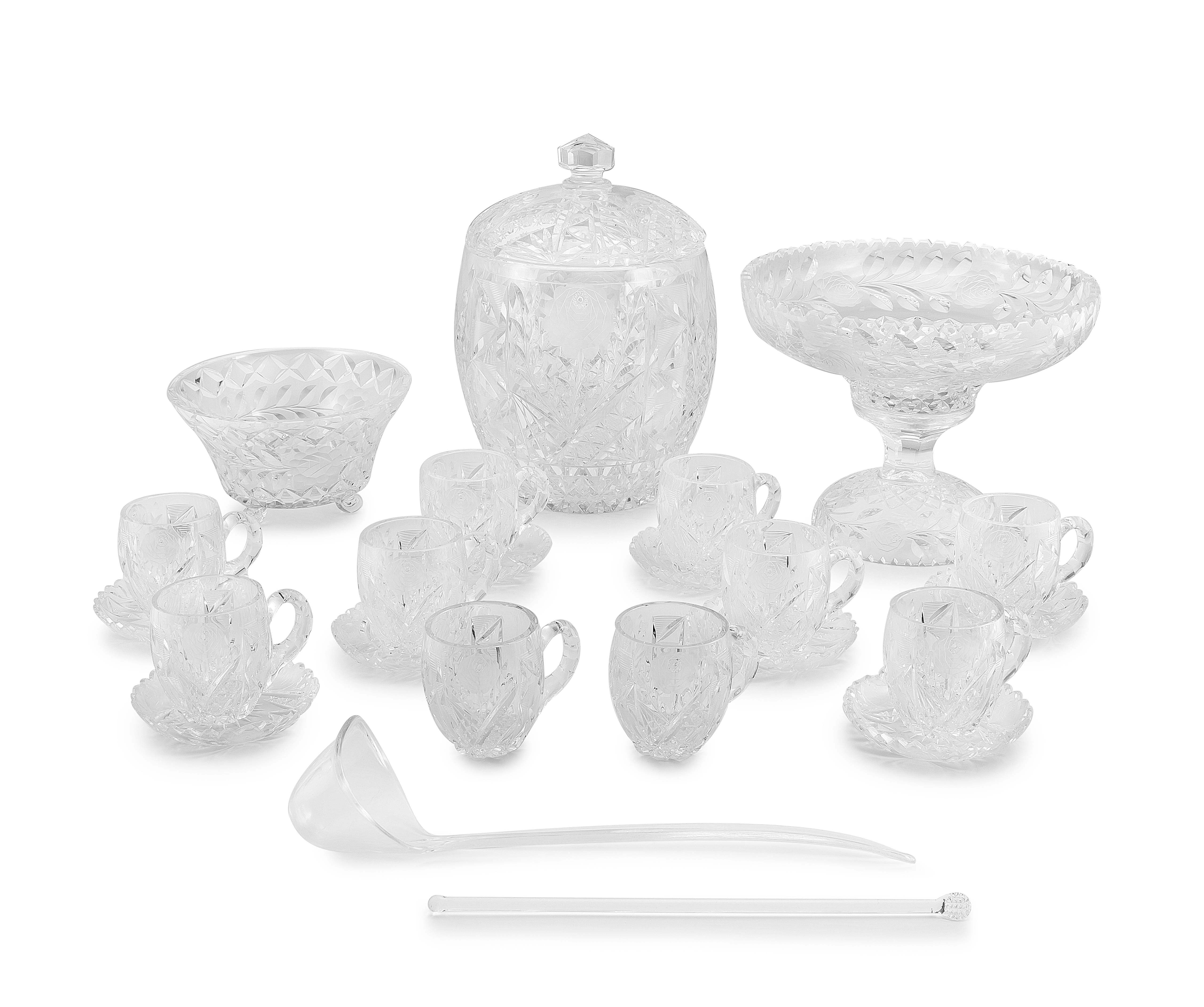 A clear and frosted cut-glass punch bowl suite, 20th century