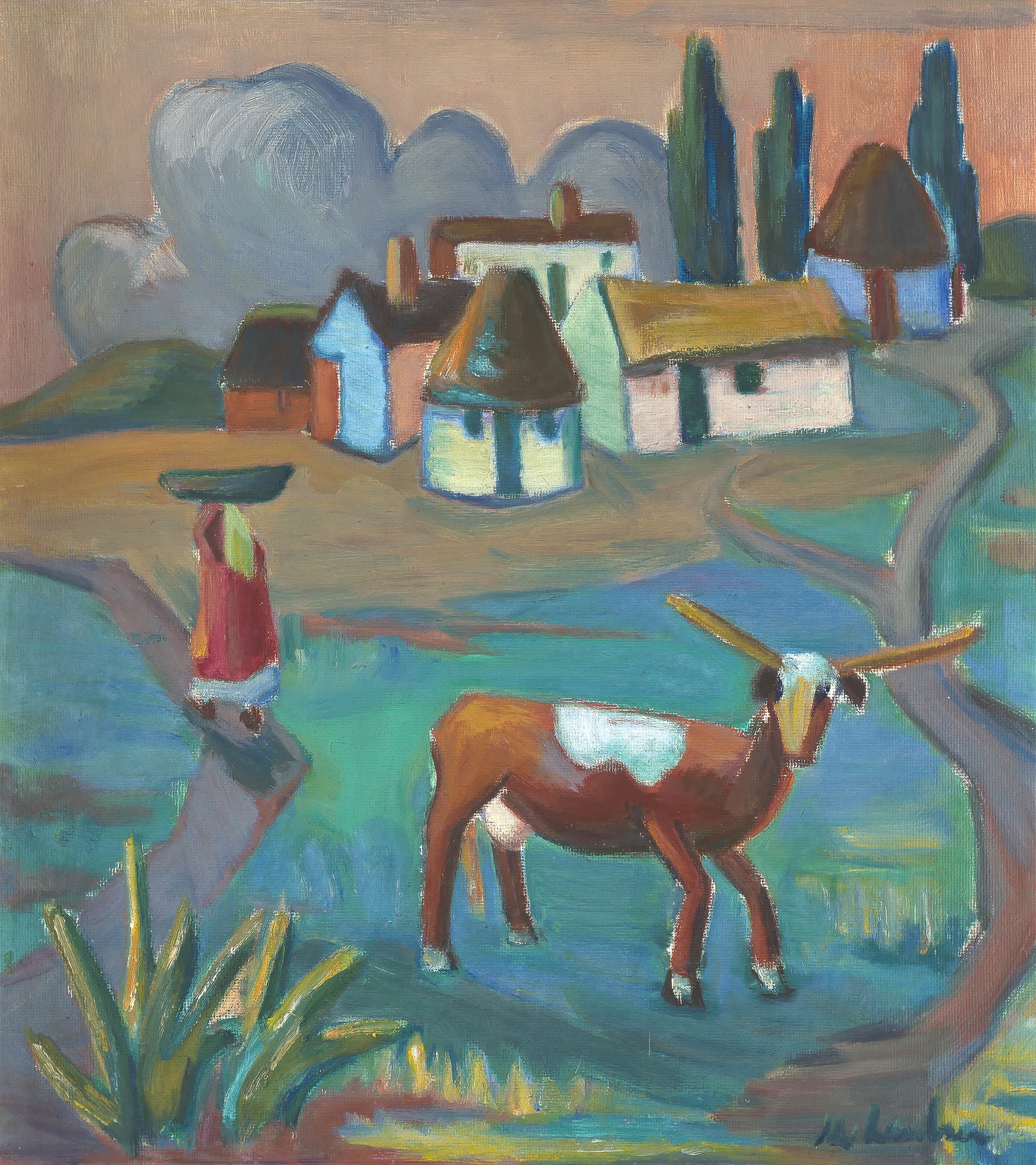 Maggie Laubser; Landscape with Houses, a Figure and a Cow