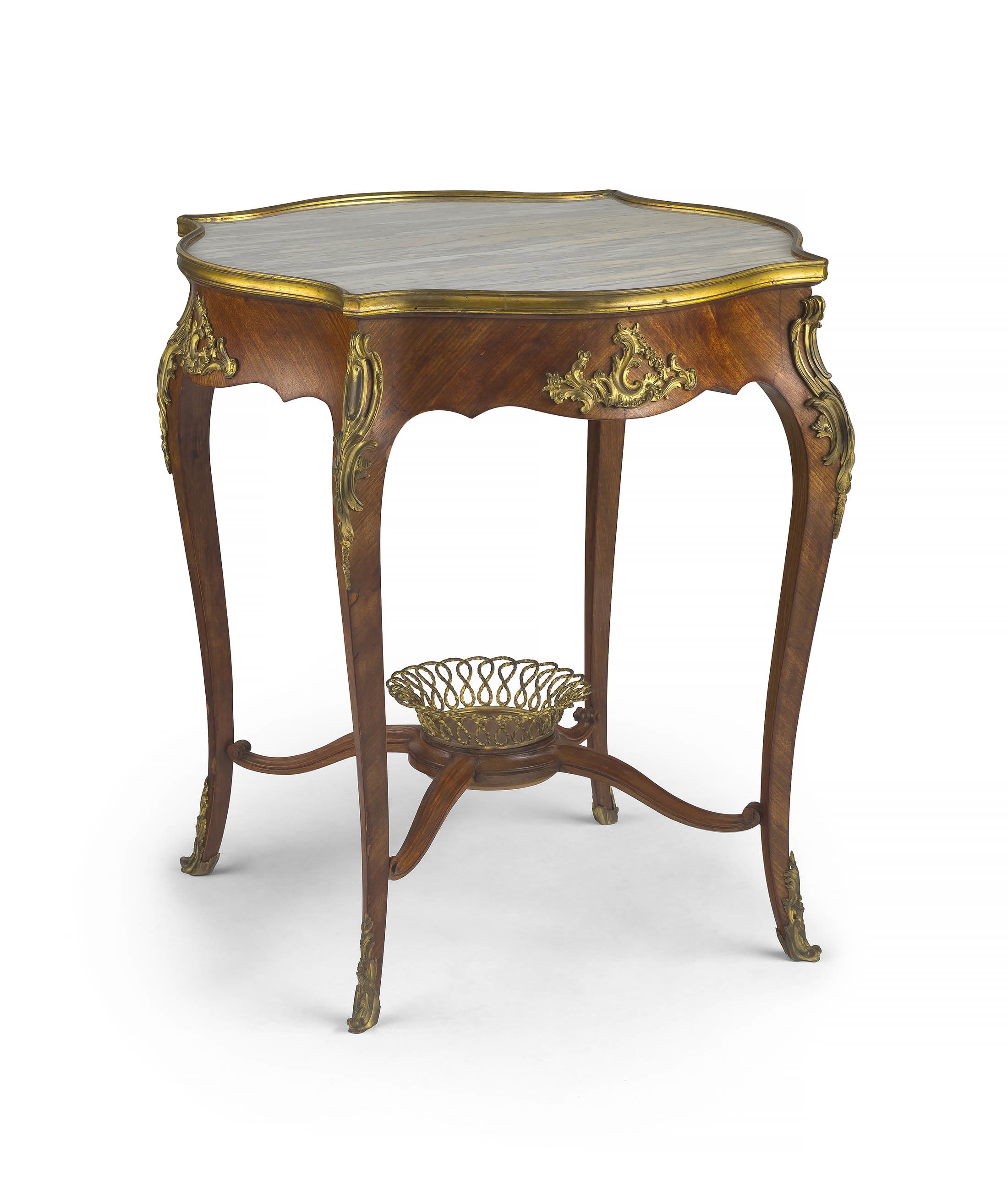 A Louis XVI style marble-topped, kingwood and gilt-metal-mounted occasional table, late 19th/early 20th century