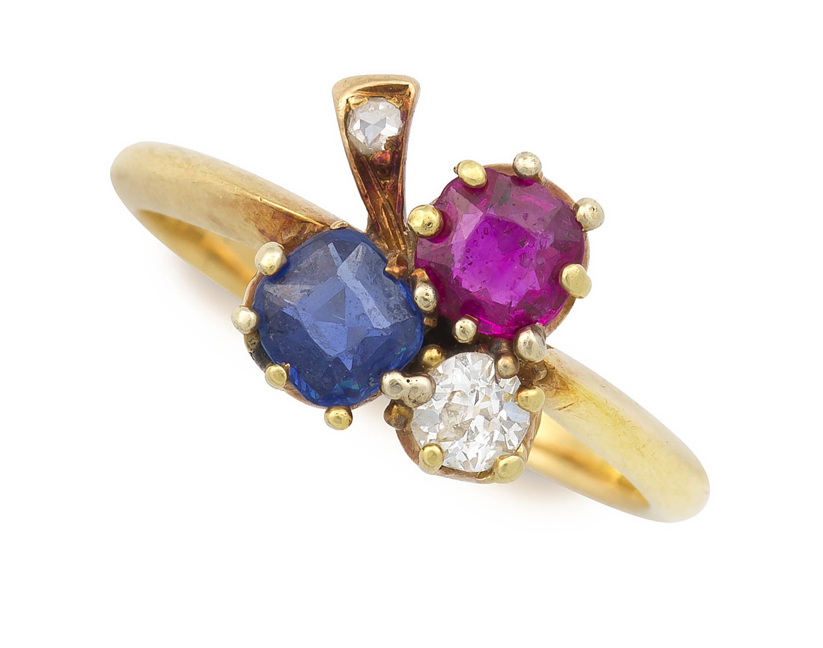 Diamond, ruby and sapphire gold ring