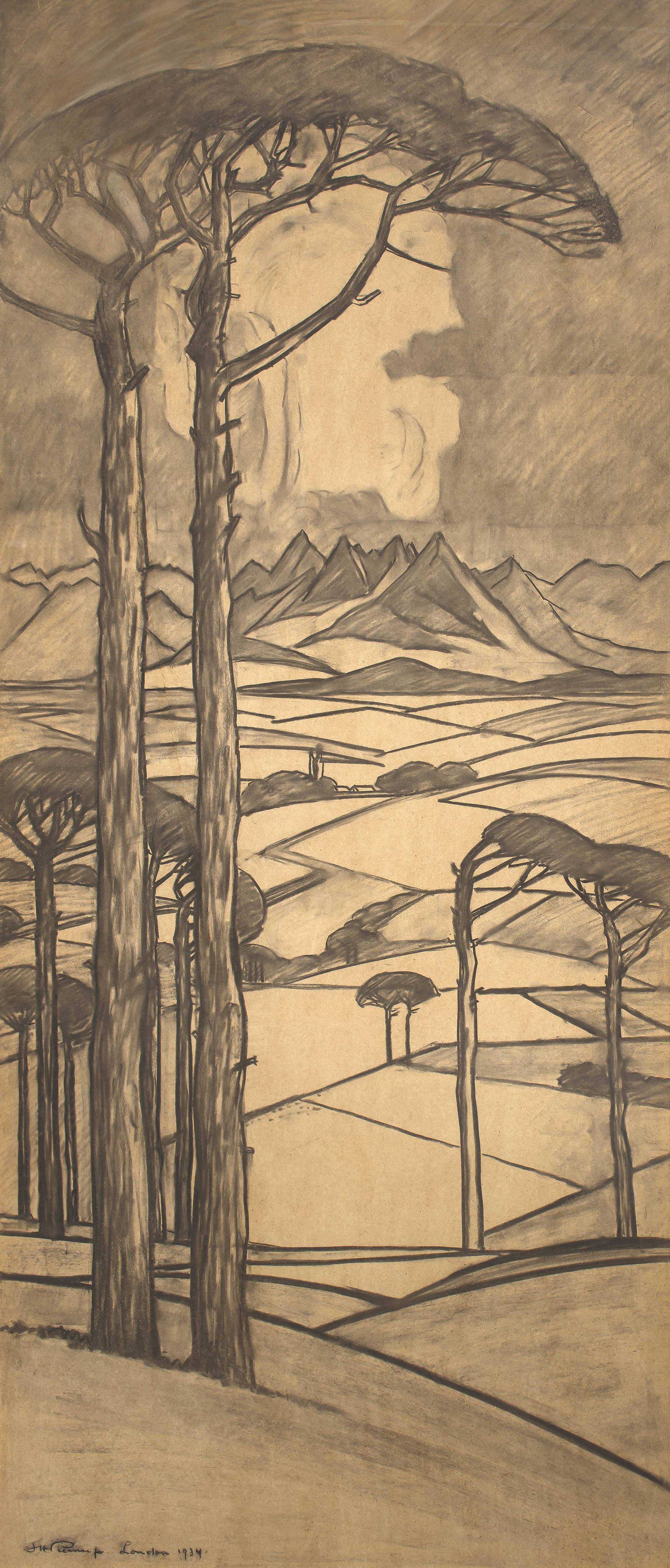 Jacob Hendrik Pierneef; Extensive Mountain Landscape with Pine Trees