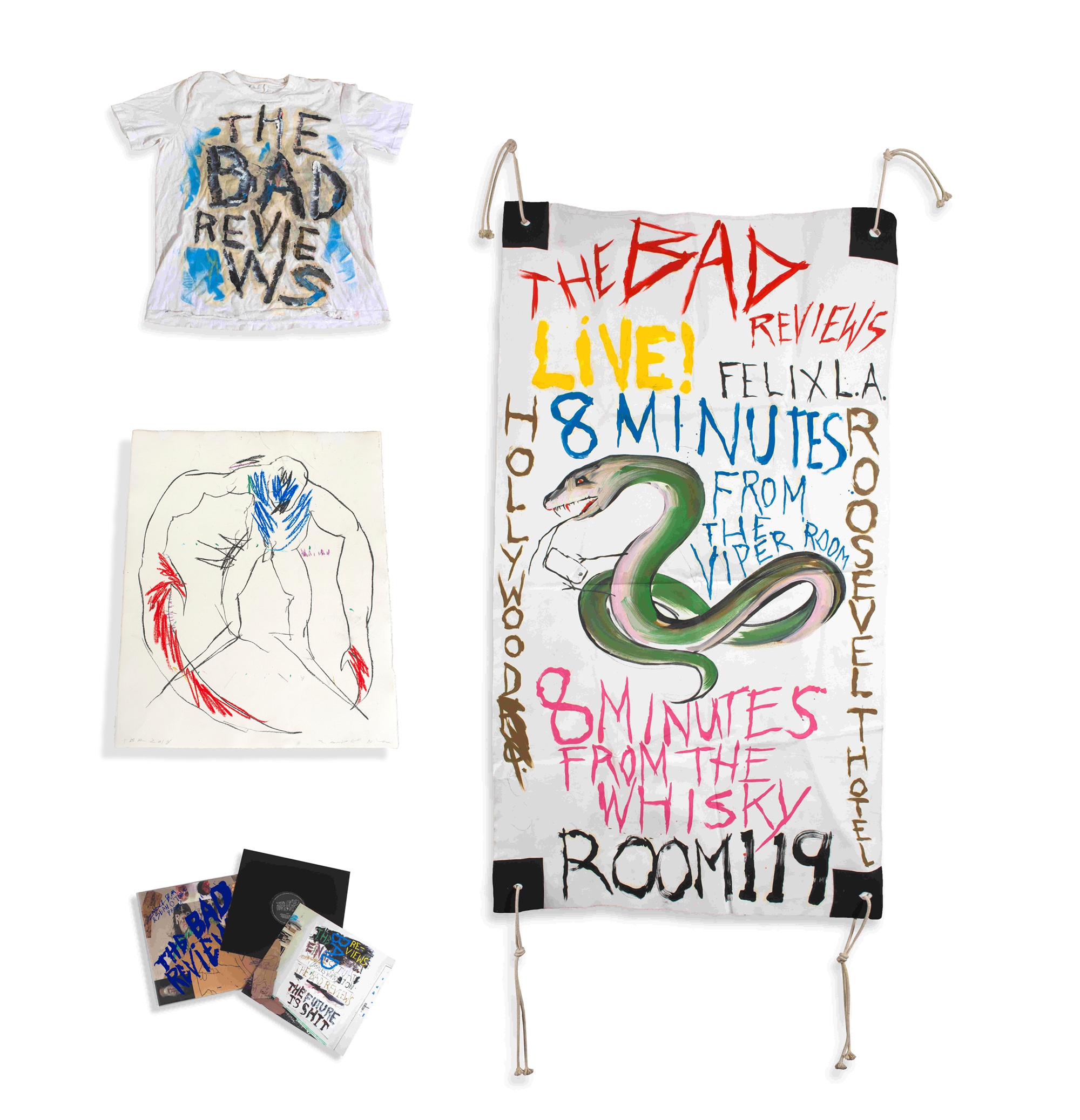 The Bad Reviews; The Bad Reviews Banner, Drawing, Album, and T-shirt, four
