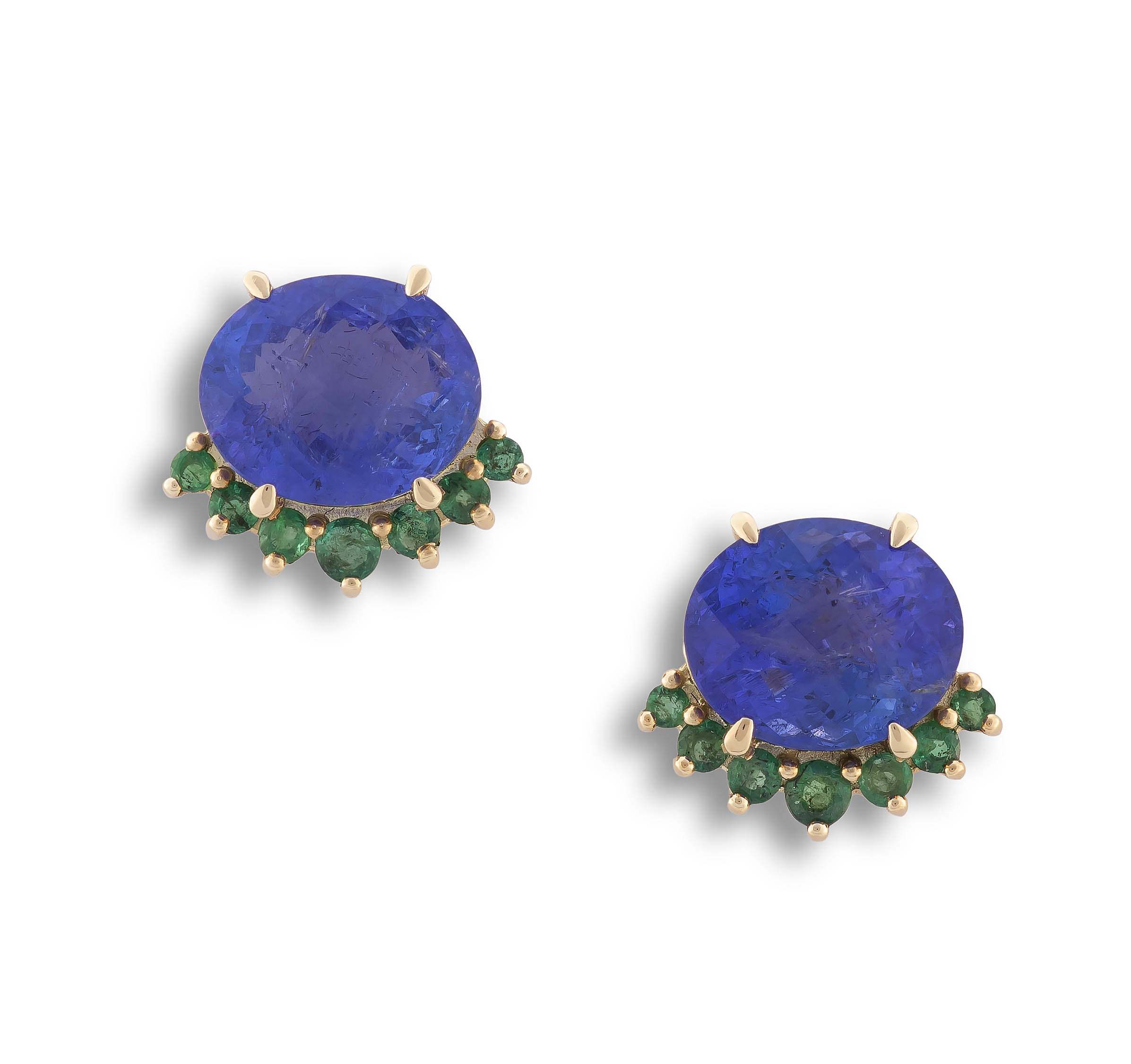Pair of tanzanite and emerald earrings, designed by Taz Watson