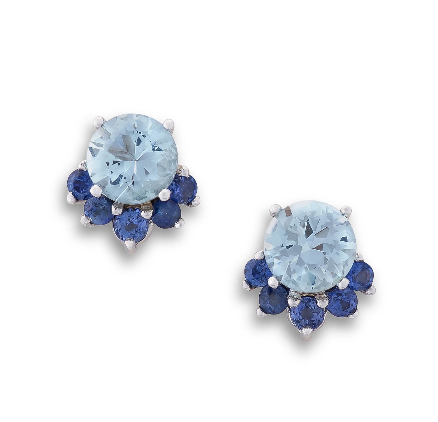 Pair of aquamarine and sapphire 14ct white gold earrings, designed by Taz Watson