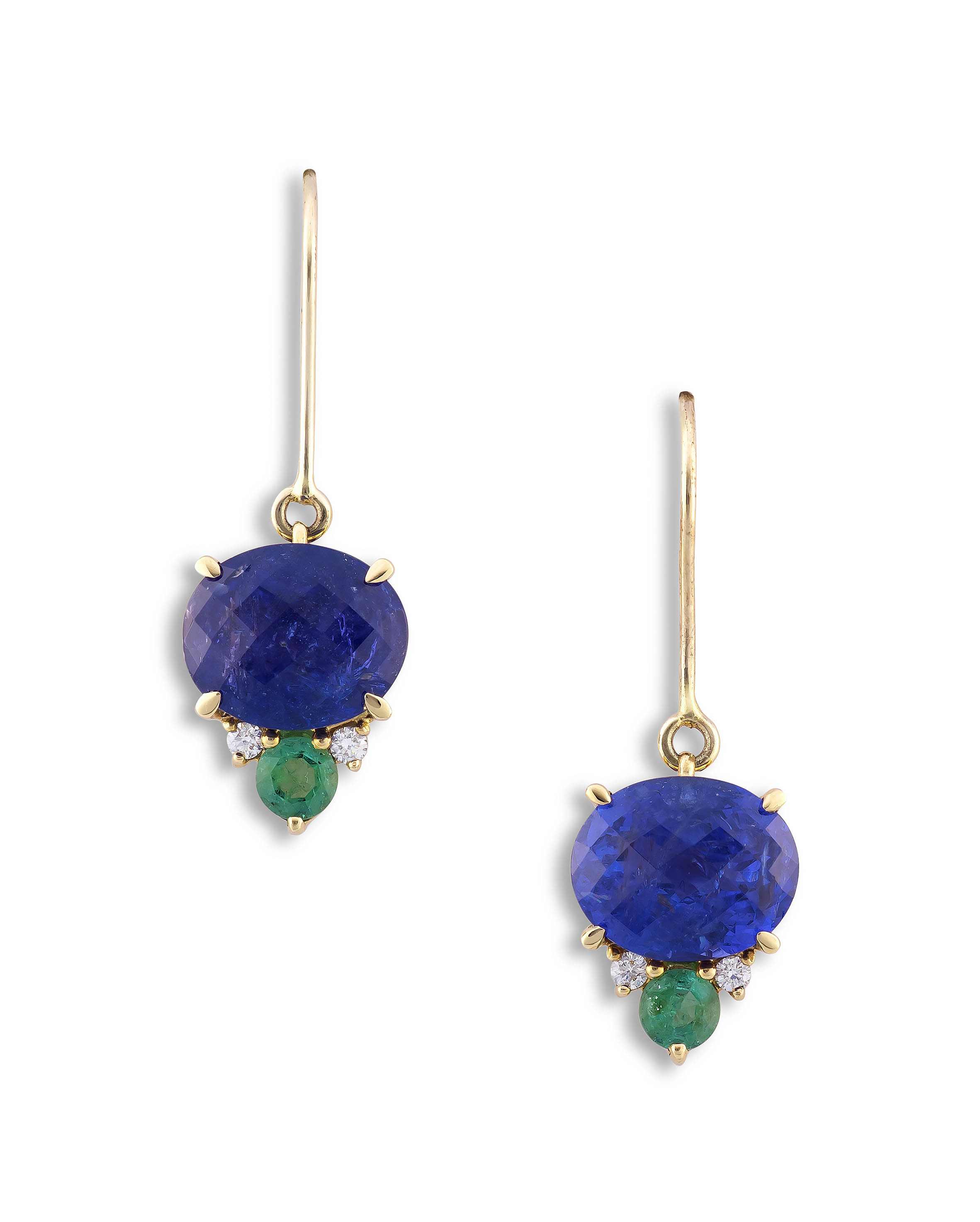 Pair of tanzanite, emerald and diamond earrings, designed by Taz Watson