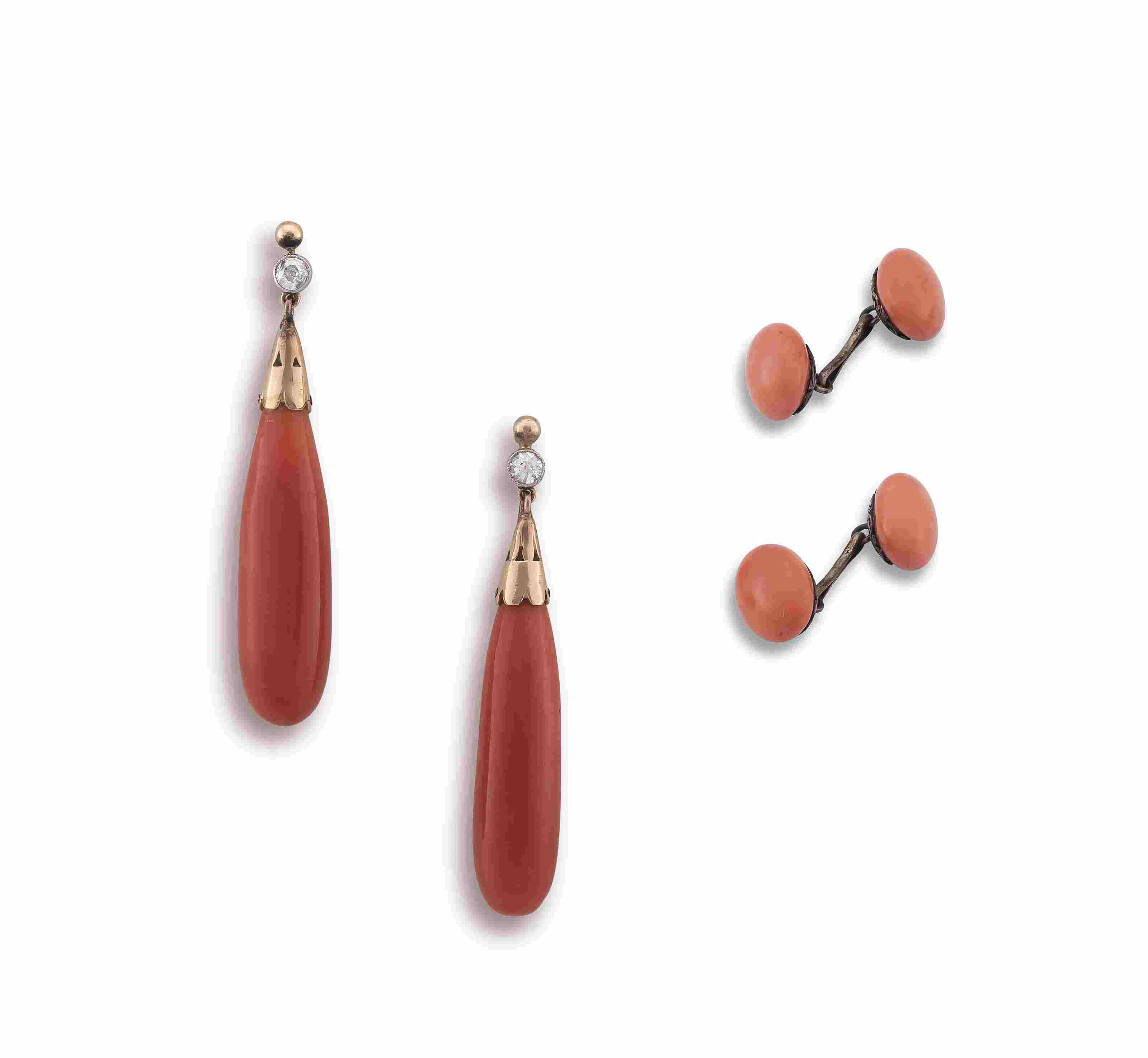 Pair of Victorian coral and diamond pendant earrings