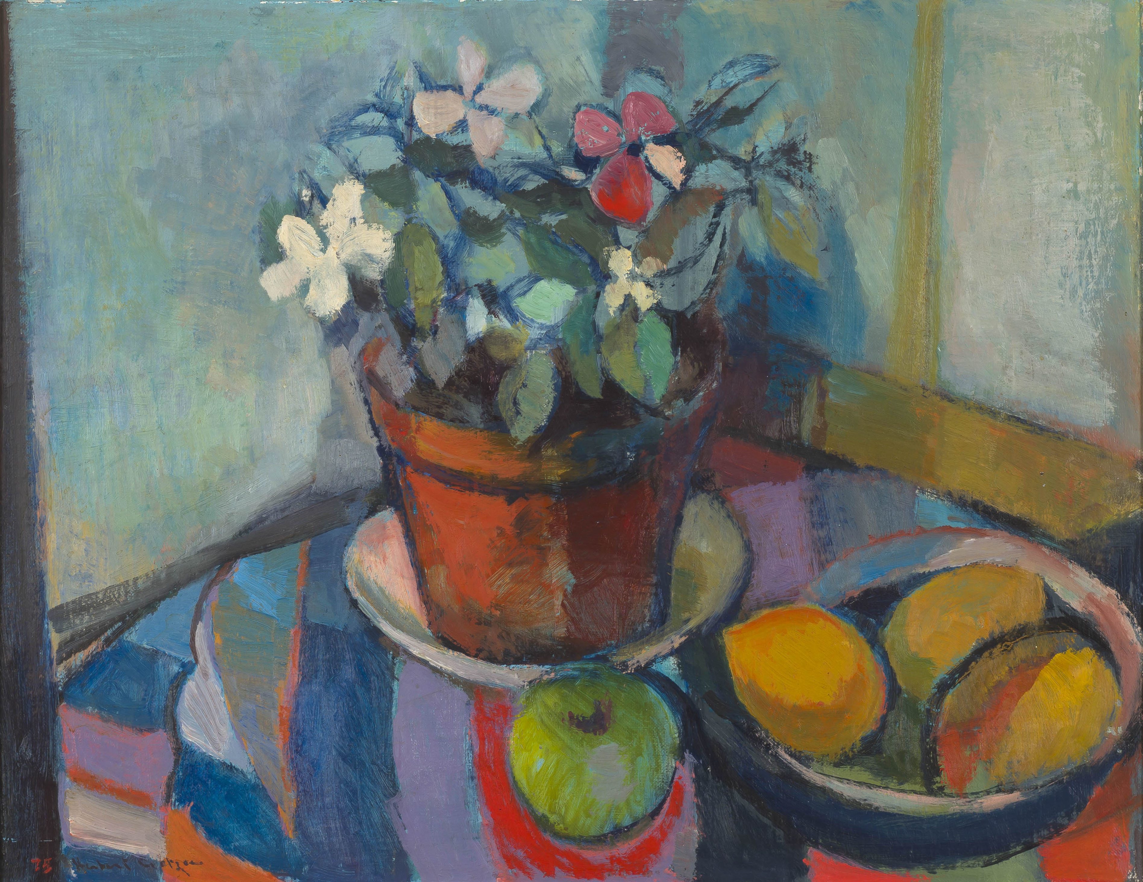 Herbert Coetzee; Pot Plant and Fruit in Bowl