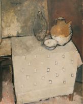 Jean Welz; Still Life with Three Vessels and Checked Tablecloth