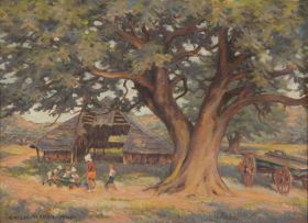 Erich Mayer; Children Playing under a Tree near a Wagon