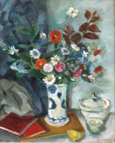 Maud Sumner; A Still Life of Flowers in a Vase, Books and Vessels