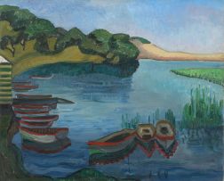 Ruth Everard-Haden; A Lake Scene with Boats