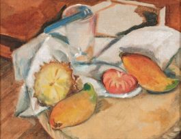 Wolf Kibel; A Still Life with Glass, Knife, Tomato, Mango and Pineapple, with White Cloth on Ochre Base