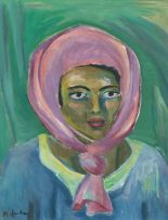 Maggie Laubser; A Portrait of a Woman in a Pink Headscarf