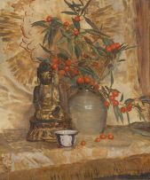 Frans Oerder; A Still Life with a Buddha and a Bowl of fruiting Hawthorn