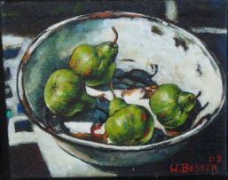 Willie Bester; A Still Life with Pears in a White Bowl