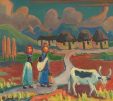 Maggie Laubser; Huts, Two Figures carrying Calabashes and a Cow