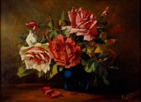 Tinus de Jongh; Roses in a Blue Vase