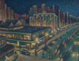 Dezso Koenig; An Evening Street Scene with Figures and Cars