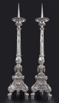 A pair of Dutch electroplate Ecclesiastical candlesticks, late 19th/early 20th century