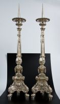 A pair of Dutch electroplate Ecclesiastical candlesticks, late 19th/early 20th century